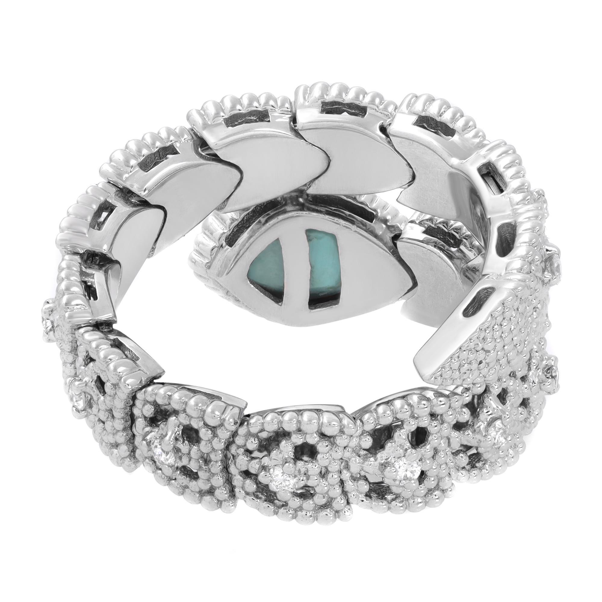 Women's or Men's Piero Milano Natural Diamond & Turquoise Ring 18k White Gold 0.18cttw Size 6.5 For Sale