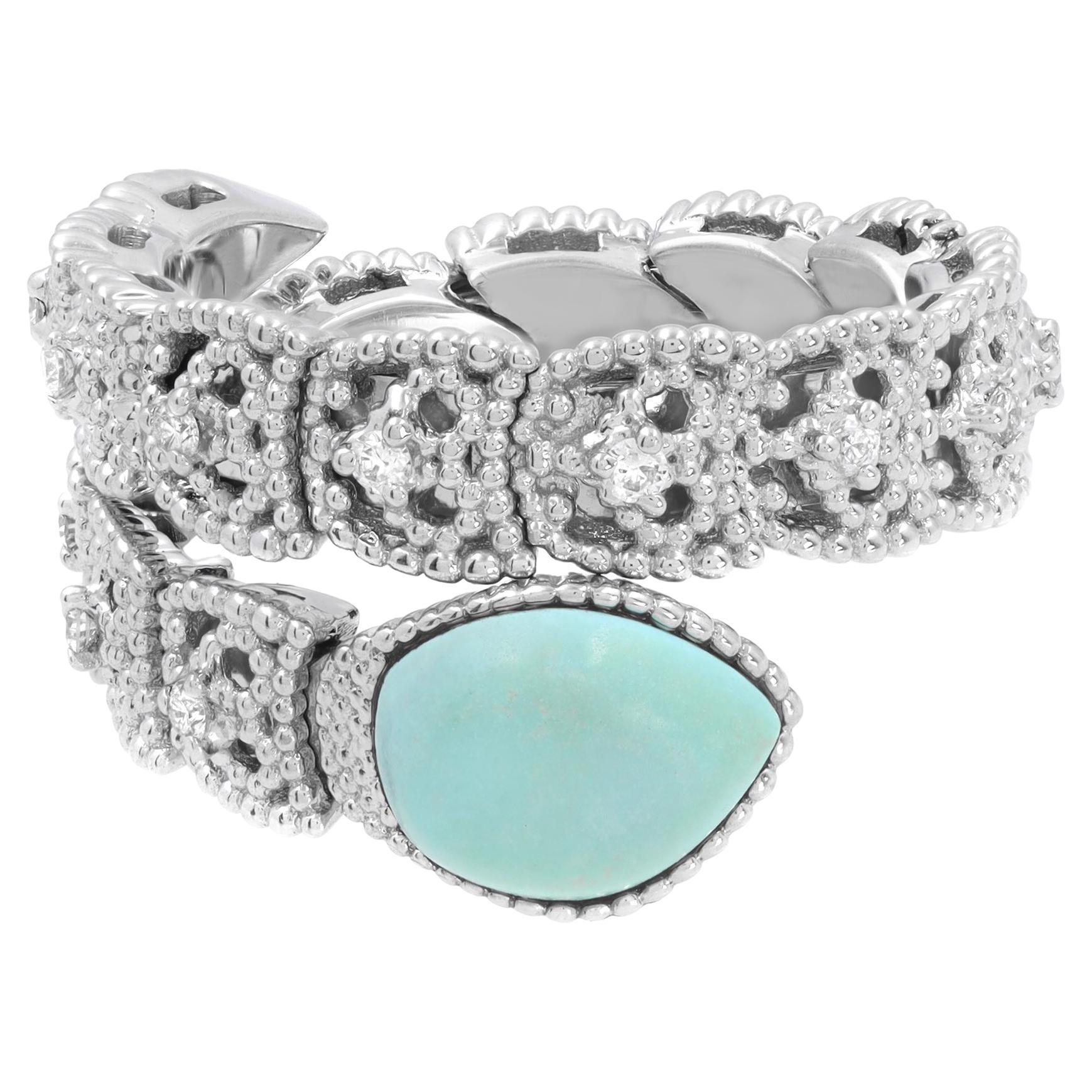 Piero Milano Natural Diamond & Turquoise Ring 18k White Gold 0.18cttw Size 6.5 For Sale