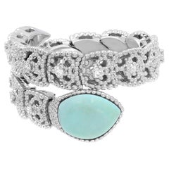 Piero Milano Bague en or blanc 18 carats avec diamants naturels et turquoise de 0,18 carat poids total, taille 6,5