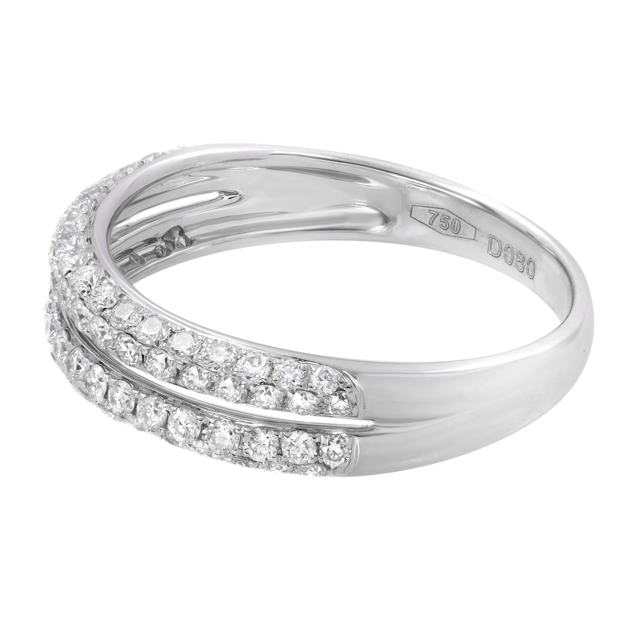 This 18k White Gold Pave Natural Diamond Ring features three-row Sparkling Diamonds. Beautifly set with  0.8 ct T.W. The Diamond  Color and Clarity G-H / VS-SI. The band width is 5.0mm. The white gold band design with diamonds promises an elegant