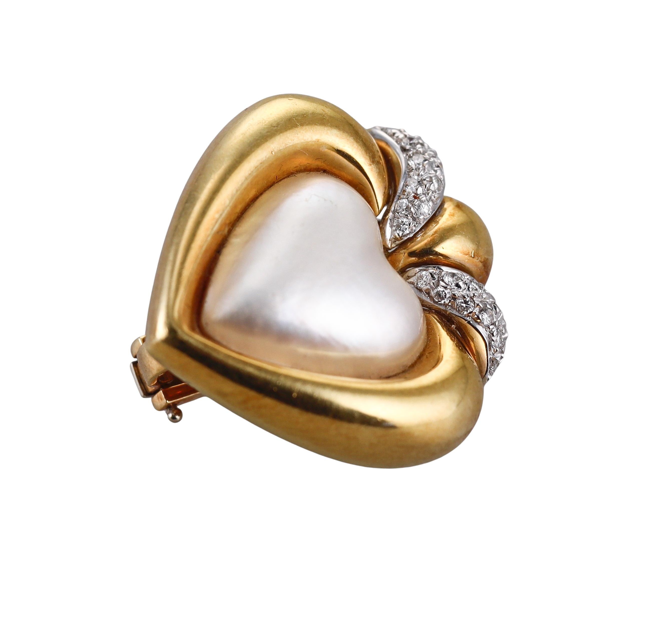 Piero Milano Vintage Gold Mabe Perle Diamant Herz Ohrringe im Angebot 1