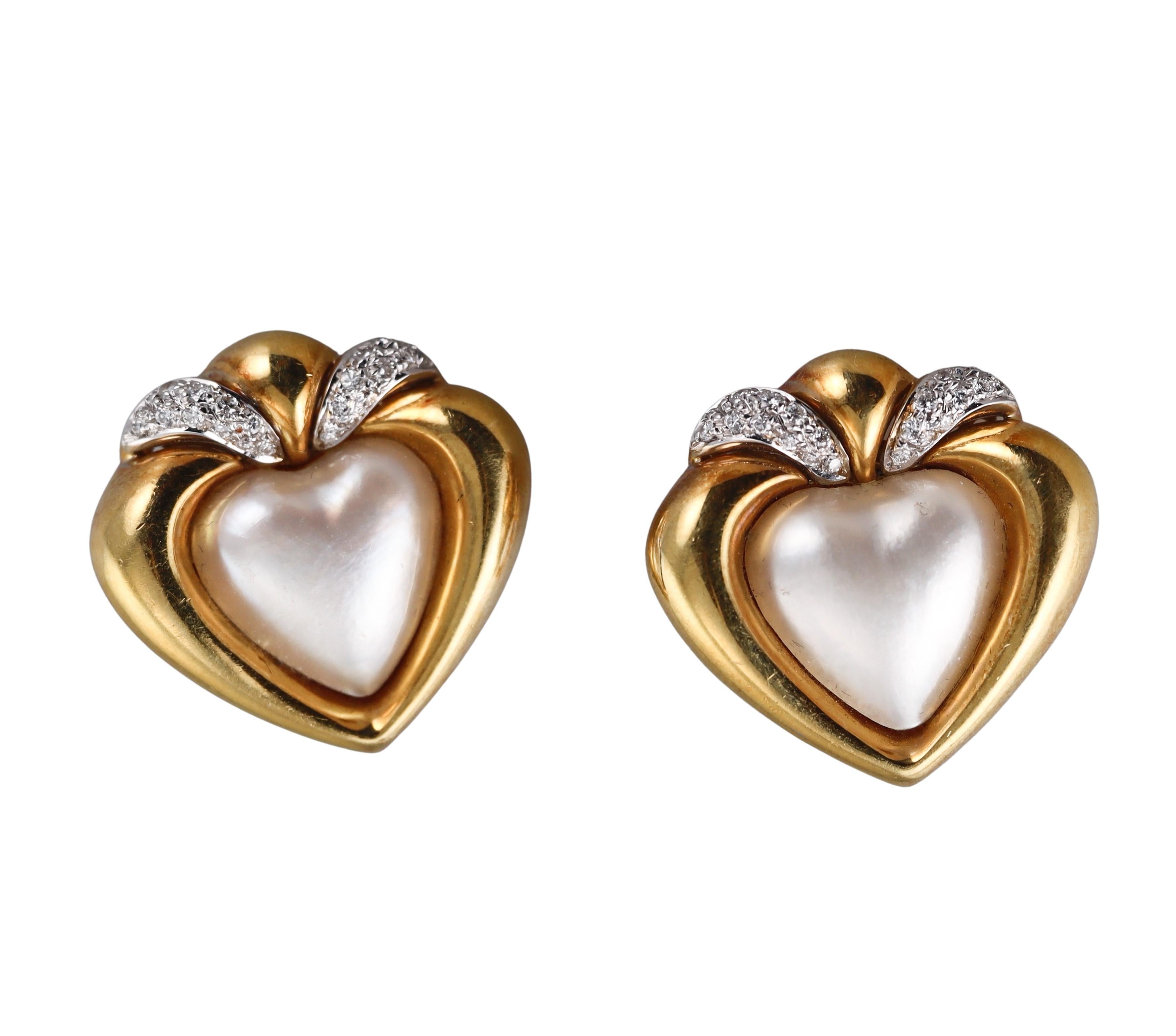 Piero Milano Vintage Gold Mabe Perle Diamant Herz Ohrringe im Angebot 2