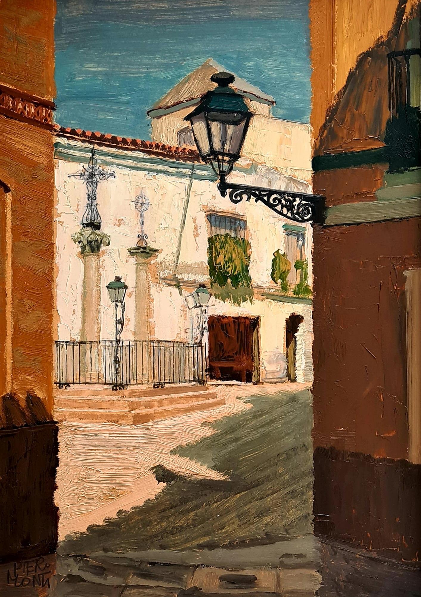 Vista arquitectónica de Sevilla, España. Óleo sobre tabla. - Painting de Piero Monti
