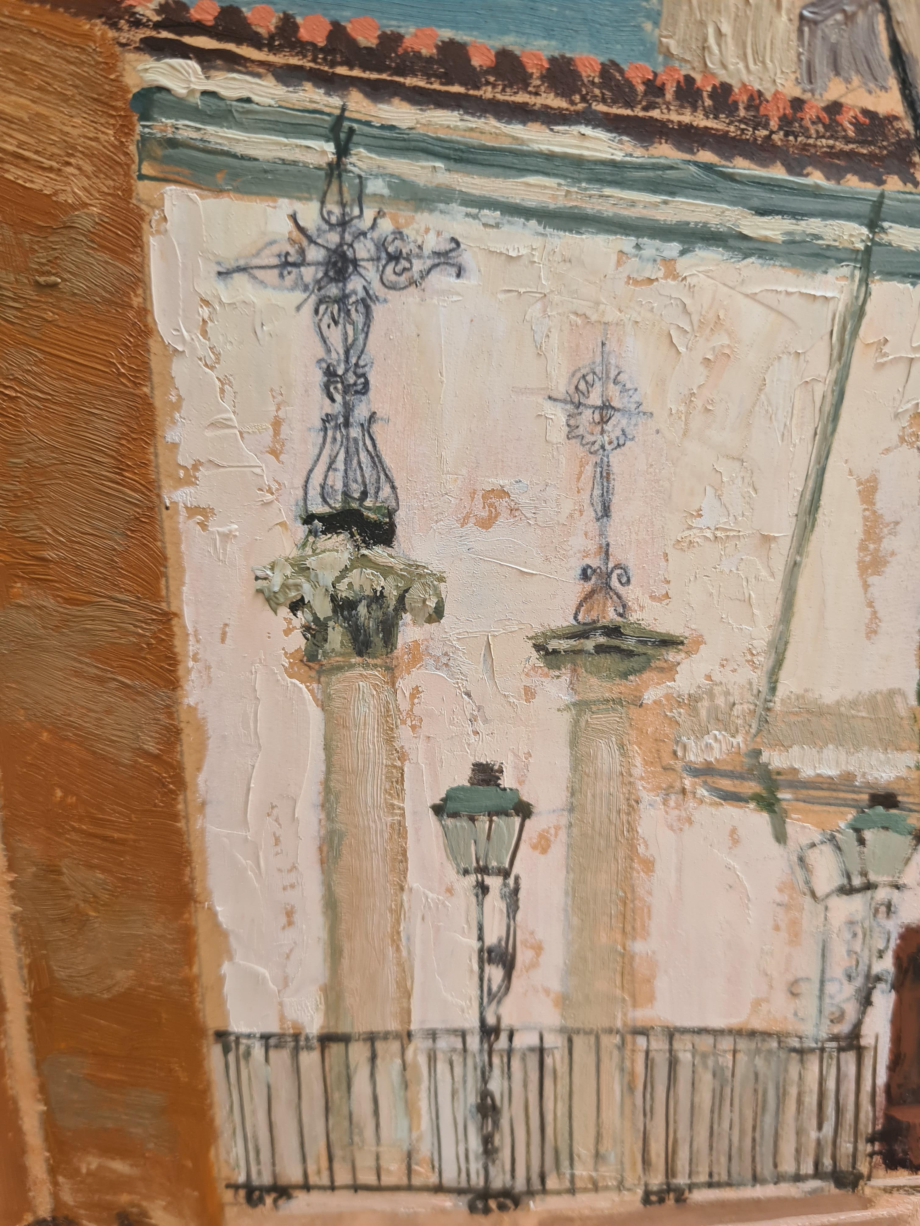 Vista arquitectónica de Sevilla, España. Óleo sobre tabla. - Landscape Painting Marrón de Piero Monti