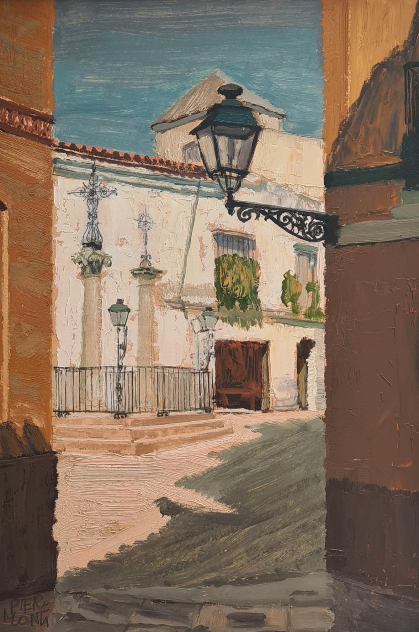 Vista arquitectónica de mediados de siglo, óleo sobre tabla del artista italiano Piero Monti. El cuadro está firmado en la parte inferior izquierda y tiene una etiqueta del taller y de la exposición de la Feria de Sevilla en la tabla posterior.