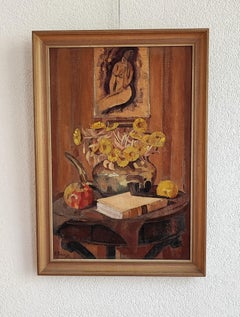 Still life with bouquet, book, pipe and fruits on a pedestal table