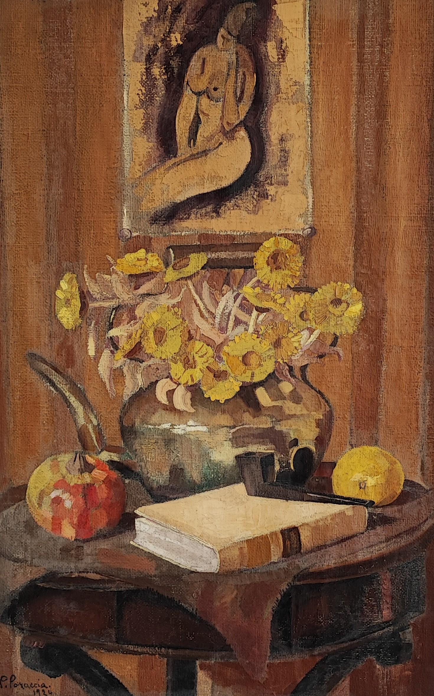 Still life with bouquet, book, pipe and fruits