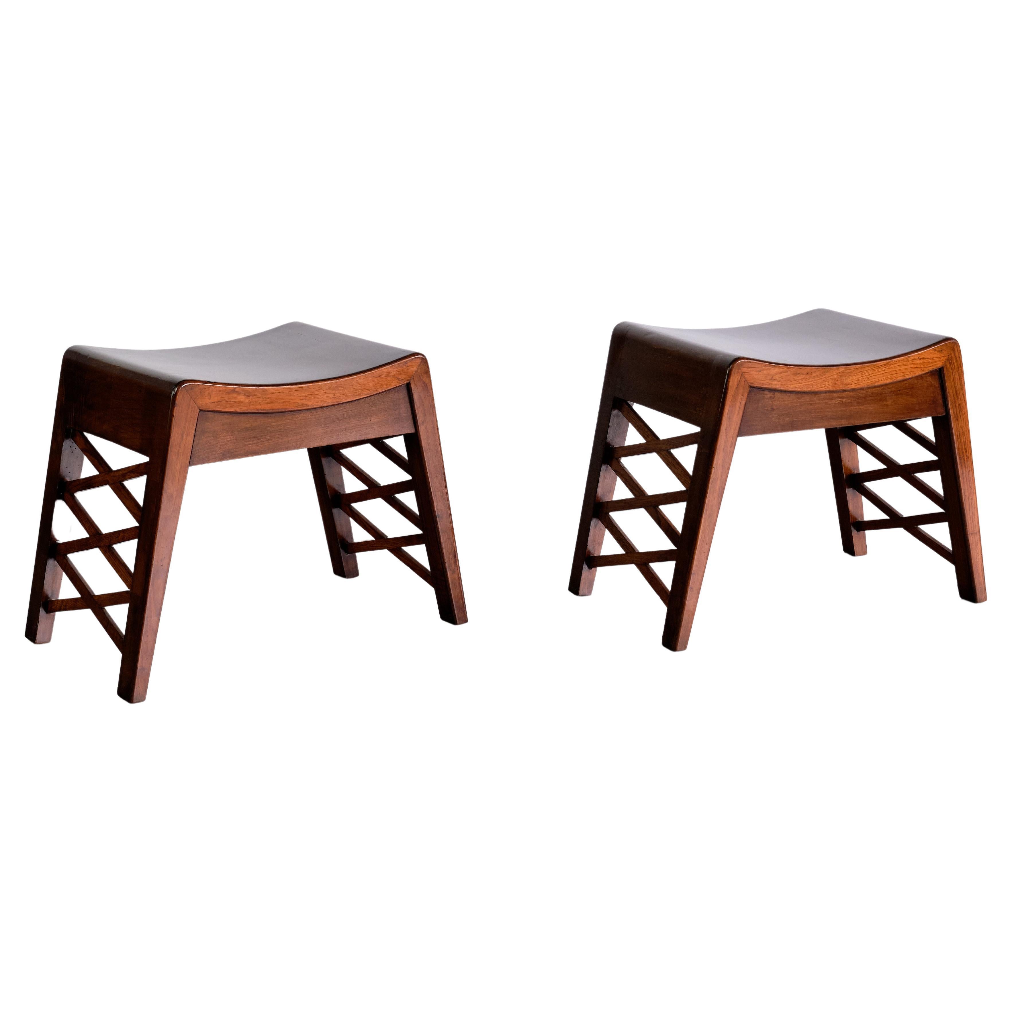 Piero Portaluppi Attributed Pair of Stools in Chestnut Wood, Italy, Late 1930s For Sale