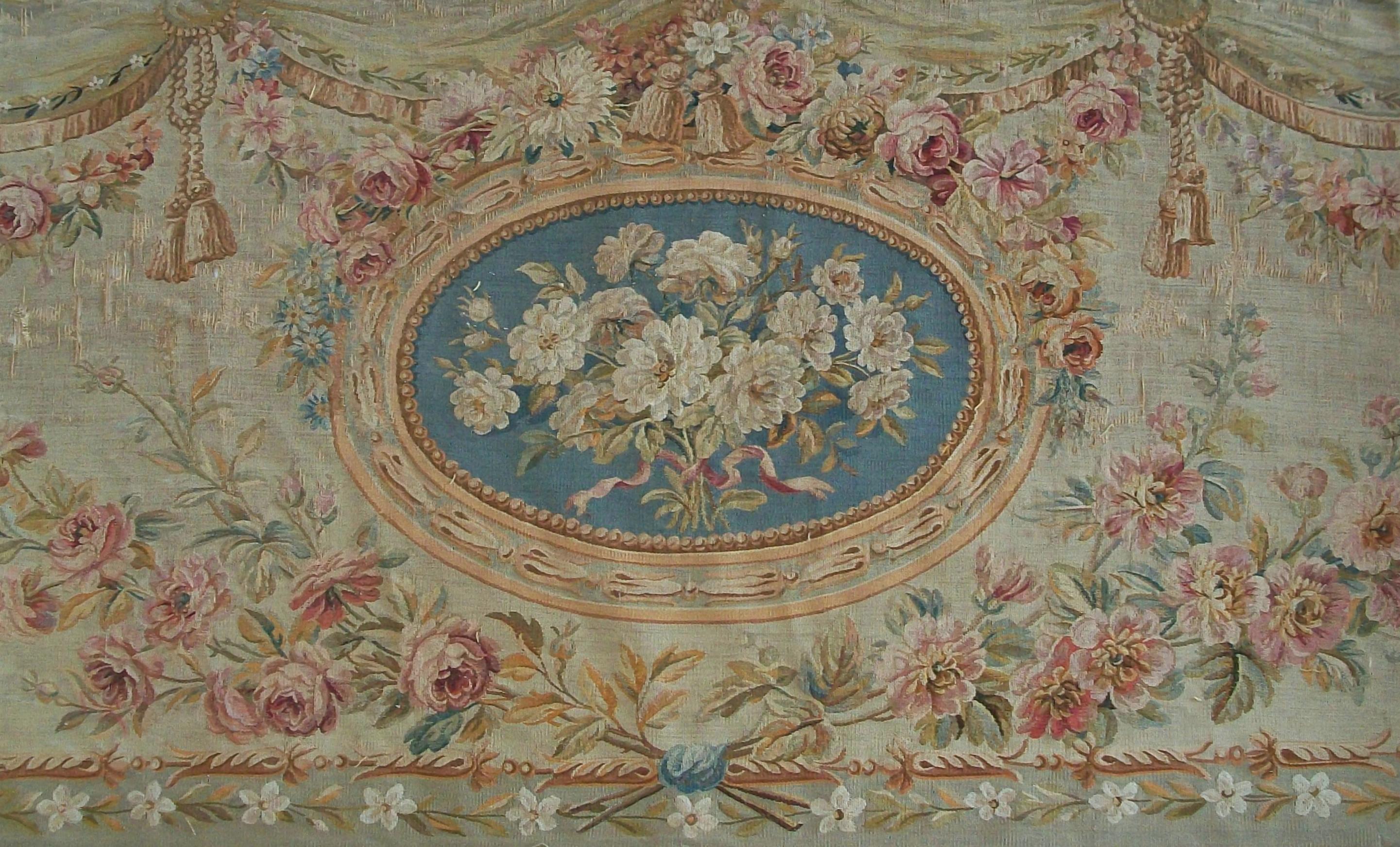 Pierre Adrien Chabal-DUSSURGEY (1819-1902) Designer - BEAUVAIS TAPESTRY MANUFACTORY Maker - Important Antique Louis XVI style floral tapestry settee back fragment - the floral tapestry finely woven in wool and silk threads with garlands and swags