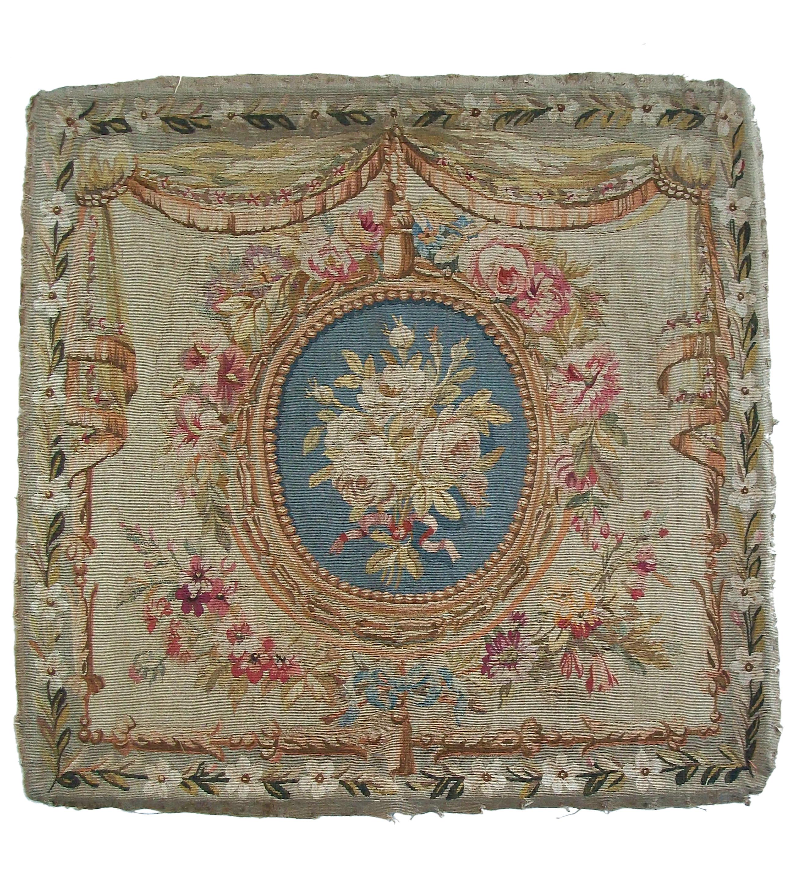 PIERRE ADRIEN CHABAL-DUSSURGEY (1819-1902) Designer - BEAUVAIS TAPESTRY MANUFACTORY Maker - Important Antique Louis XVI style floral tapestry chair back - the floral tapestry finely woven in wool and silk threads with garlands and swags and tassels