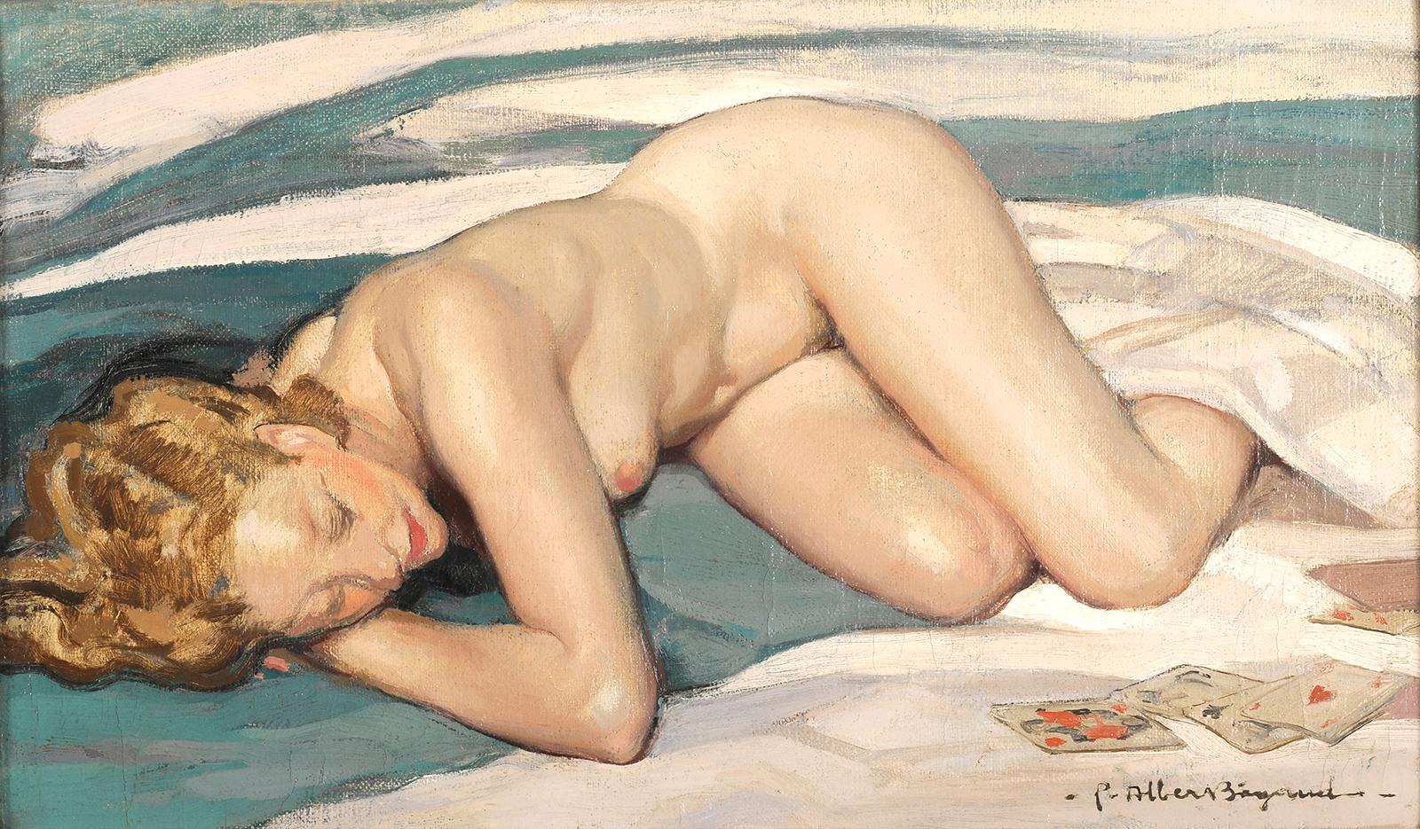 Pierre-Albert Bégaud Figurative Painting - End of card game - Portrait of a nude woman