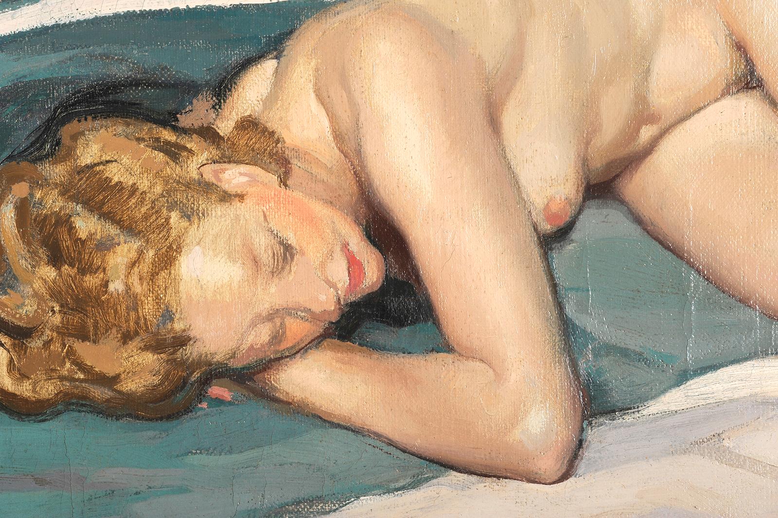 Portrait of a naked woman after a card play - French School Painting by Pierre-Albert Bégaud