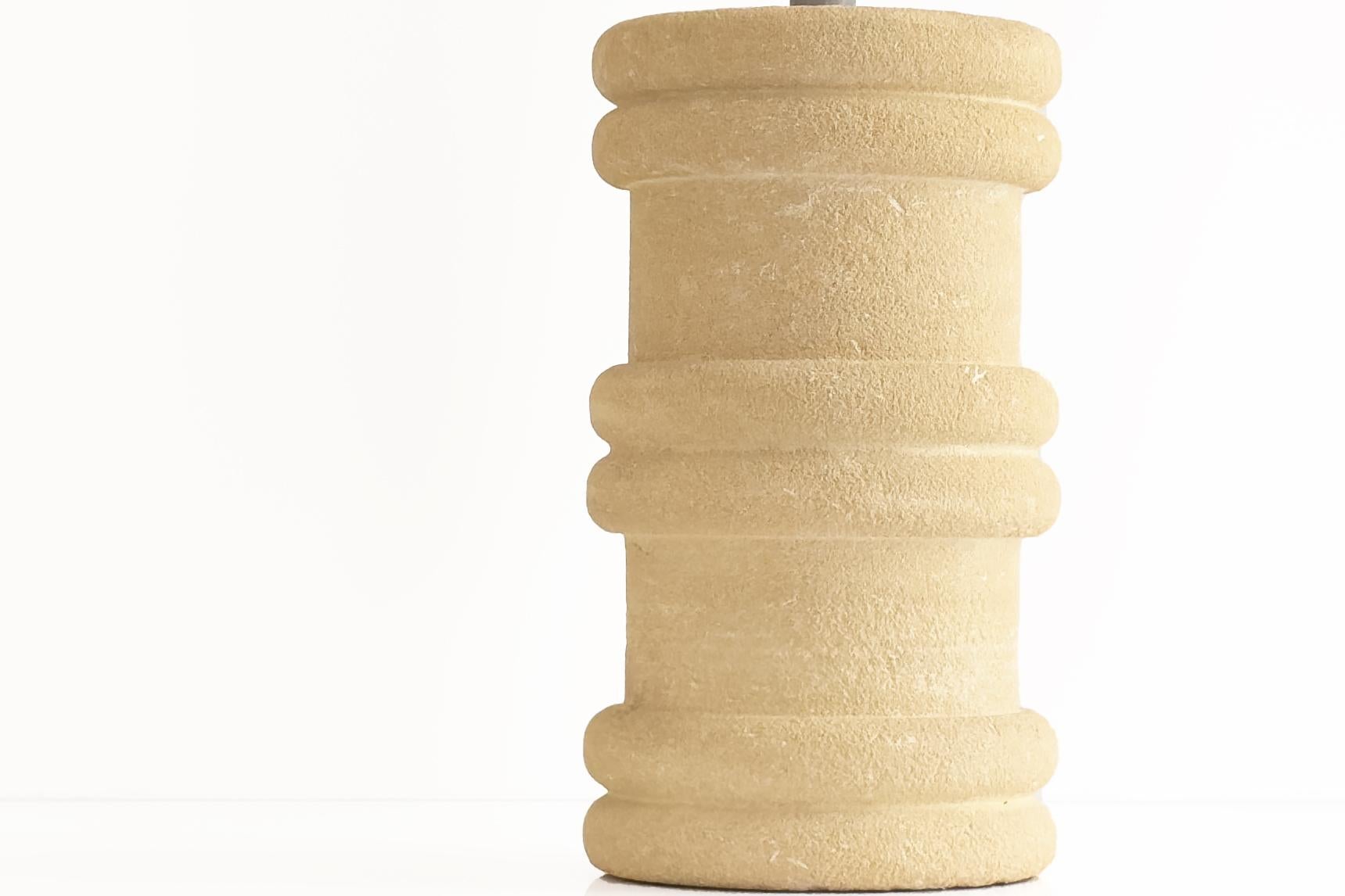 French Pierre-Albert Tormos - Cylindrical Table Lamp in Beige Hand-Carved Stone, 1970s For Sale
