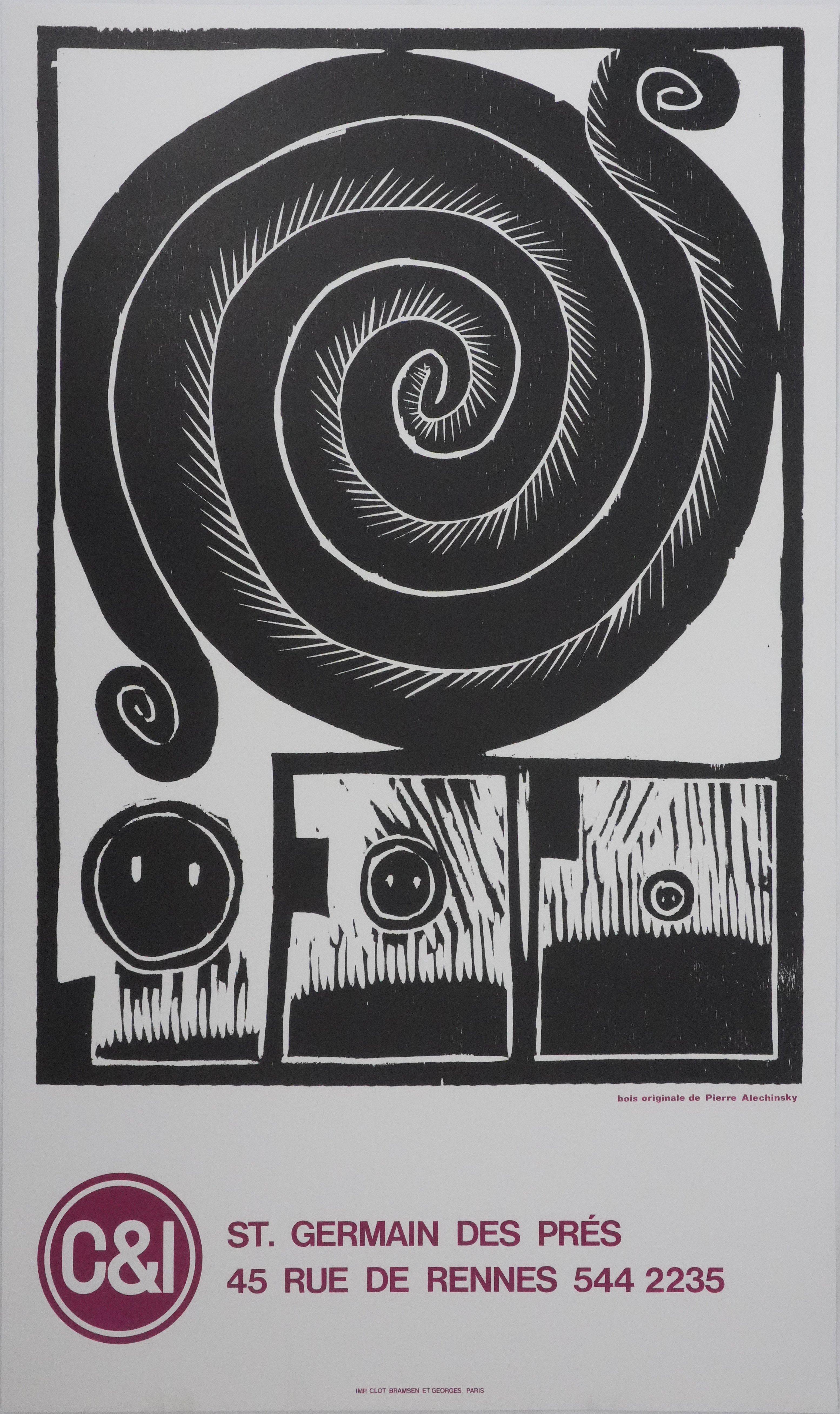 Abstract Print Pierre Alechinsky  - Spirale - Gravure sur bois originale