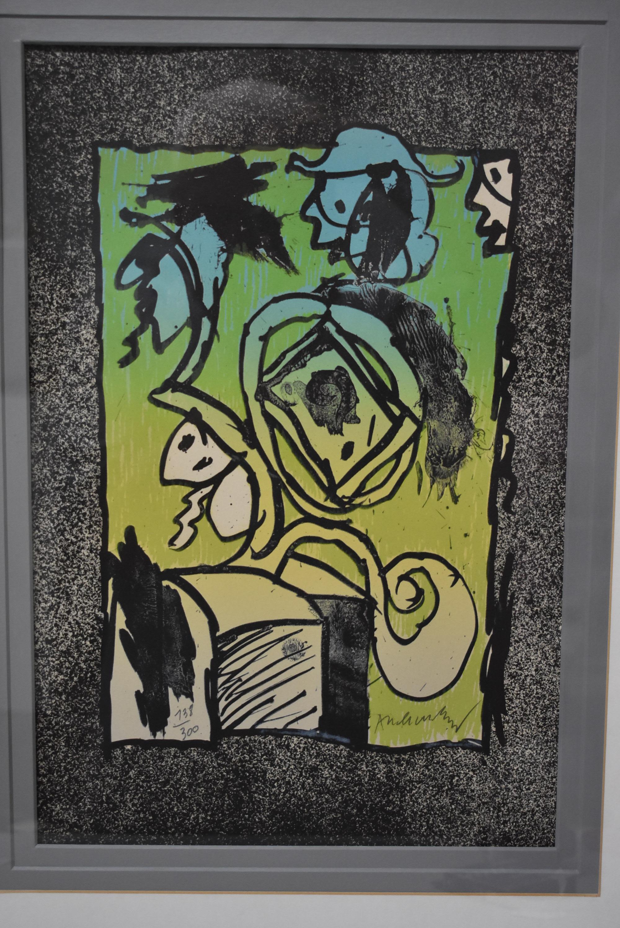 1969 lithograph Boeuf Gros Sel by Pierre Alechinsky depicting a stylized bull with a figure on its head. Signed lower right and numbered lower left in pencil. Strong colors with no fading. Some water stains on the bottom in the mat. Overall 25