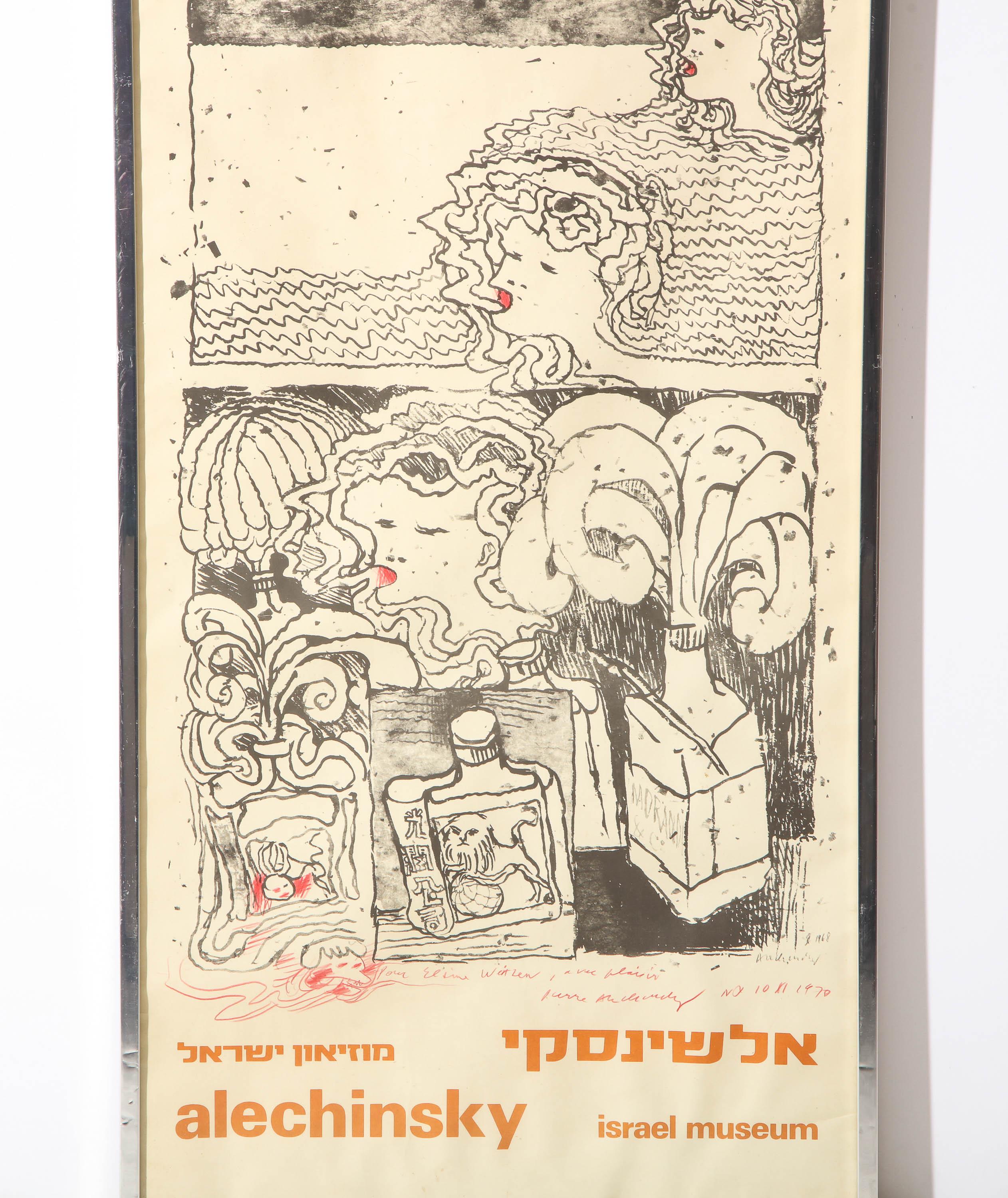 Poster from a 1970 Pierre Alechinsky solo exhibition at the Israel Museum, Jerusalem. With an inscription to Elaine Weitzen and an added drawing in red crayon by the artist. Weitzen was a private New York City art dealer and philanthropist. She was