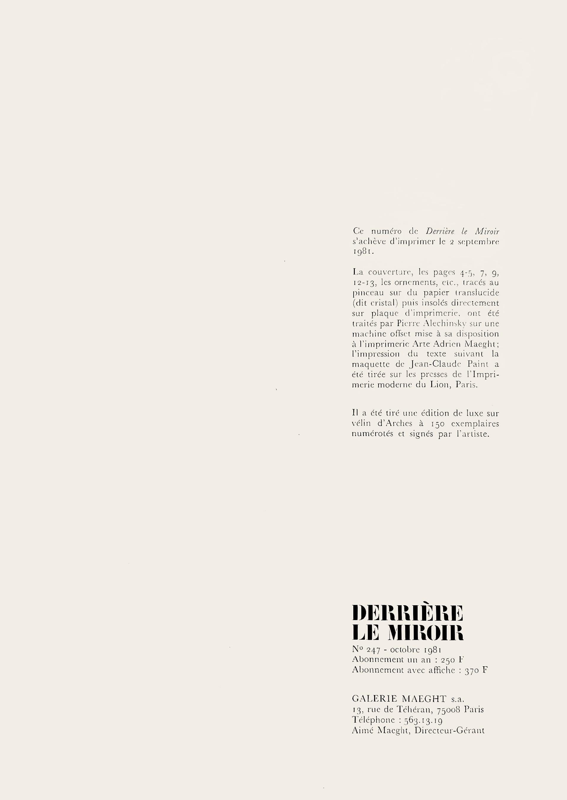 Lithograph on vélin paper. Inscription: Unsigned and unnumbered, as issued. Good condition, with centerfold, as issued. Notes: From Derrière le miroir, N° 247, 1981. Published by Aimé Maeght, Éditeur, Paris; printed by Éditions Pierre à Feu, Galerie