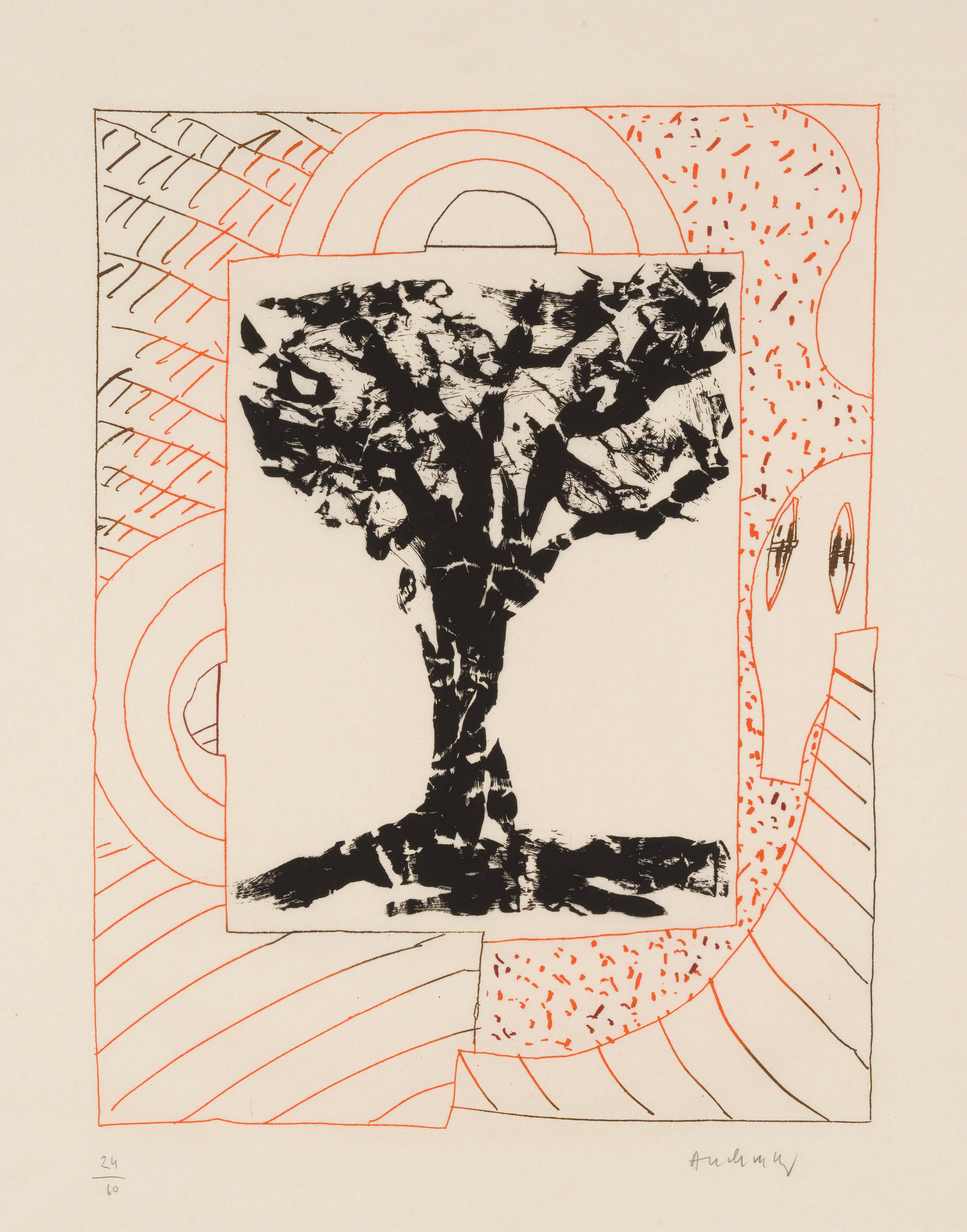Pierre Alechinsky Print - Arbre Central à l
orange