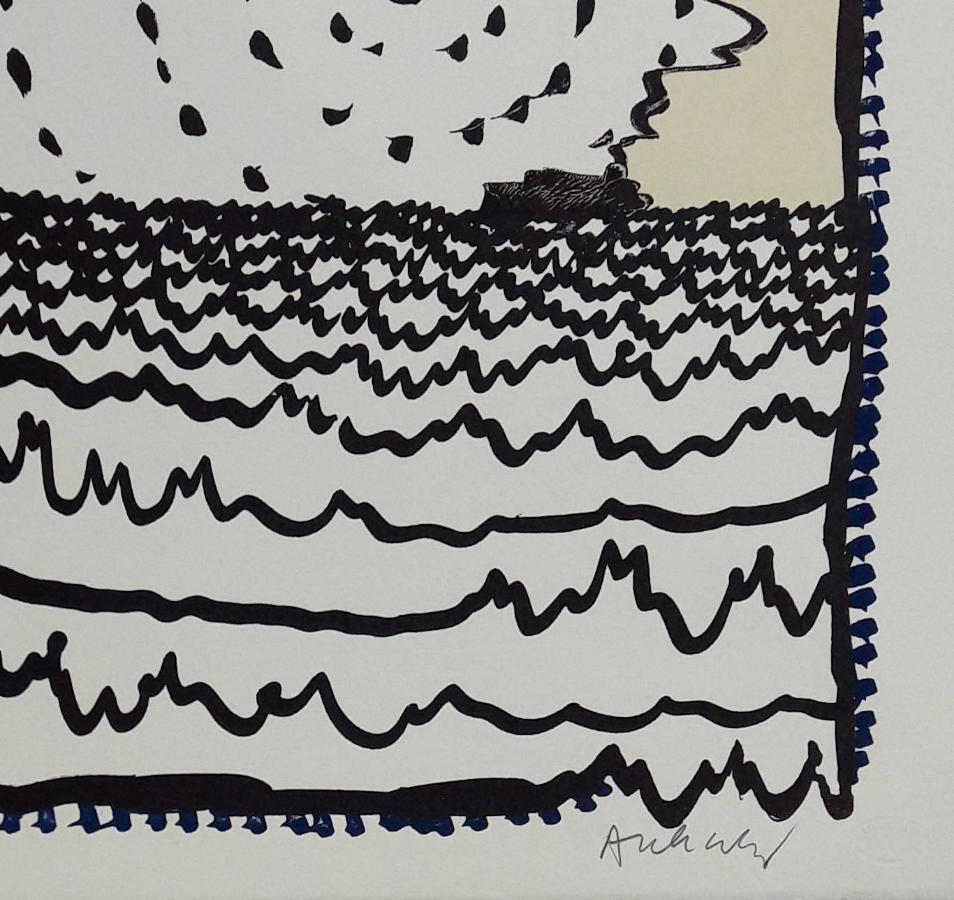 Boat at Sea Landscape - Original Lithograph Handsigned - Print by Pierre Alechinsky