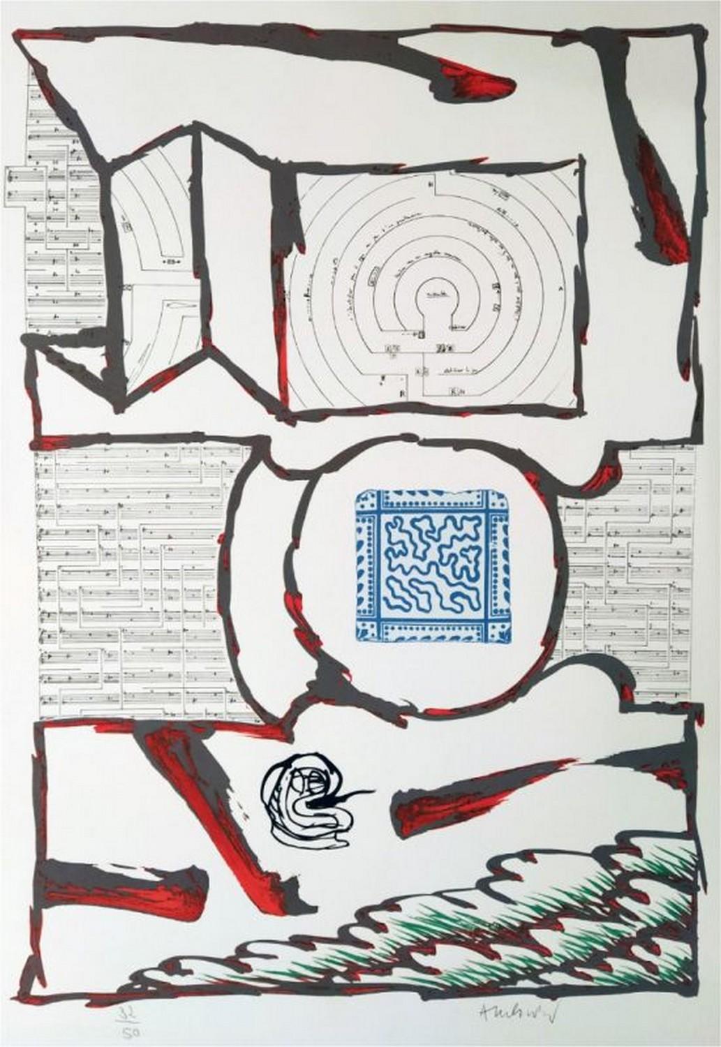 Pierre Alechinsky Abstract Print - Chutes et panaches, avec extraits de partitions labyrinthiques de Jean-Yves Boss