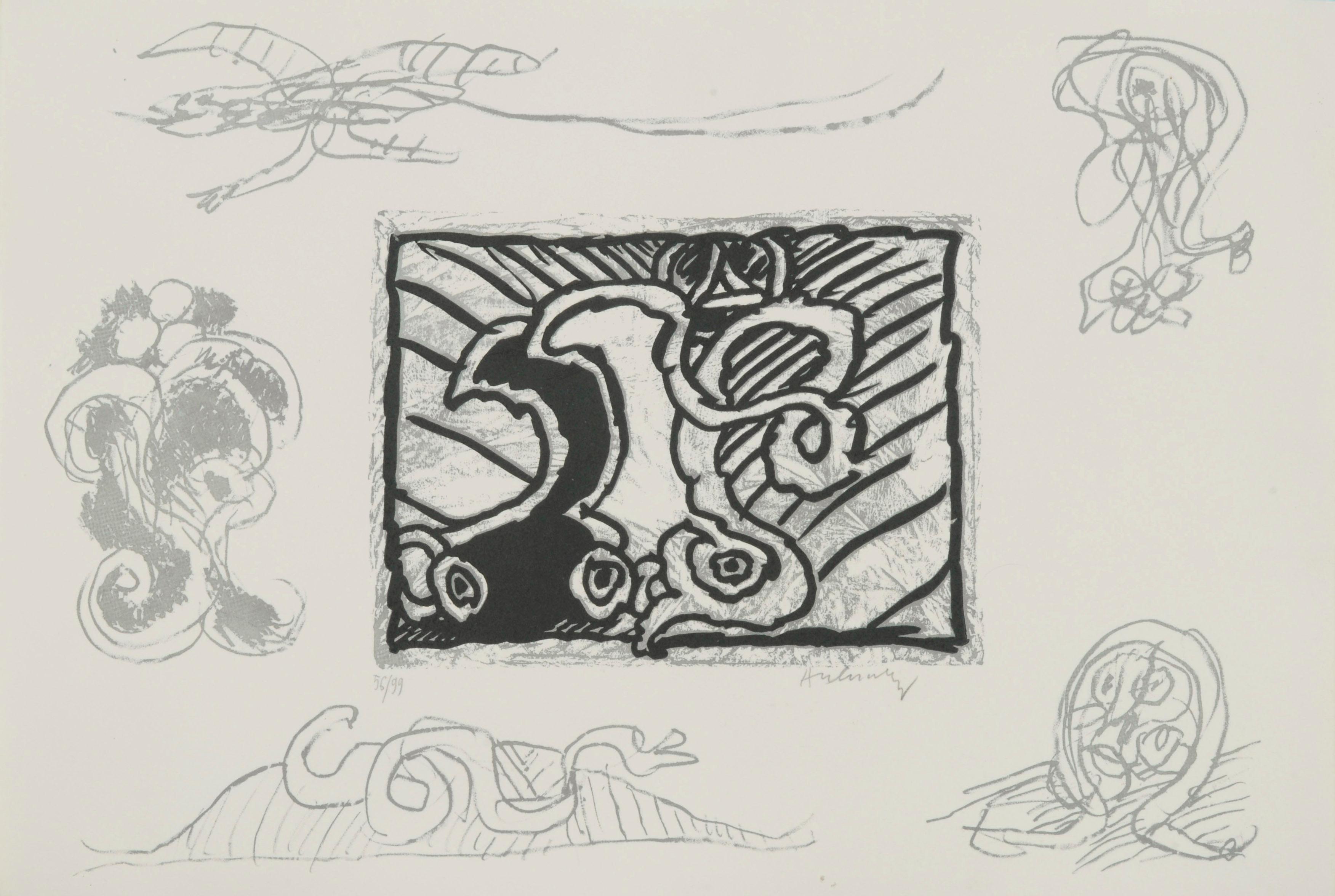 Pierre Alechinsky Abstract Print – Lino Litho BR, Pflanzgefäß IX