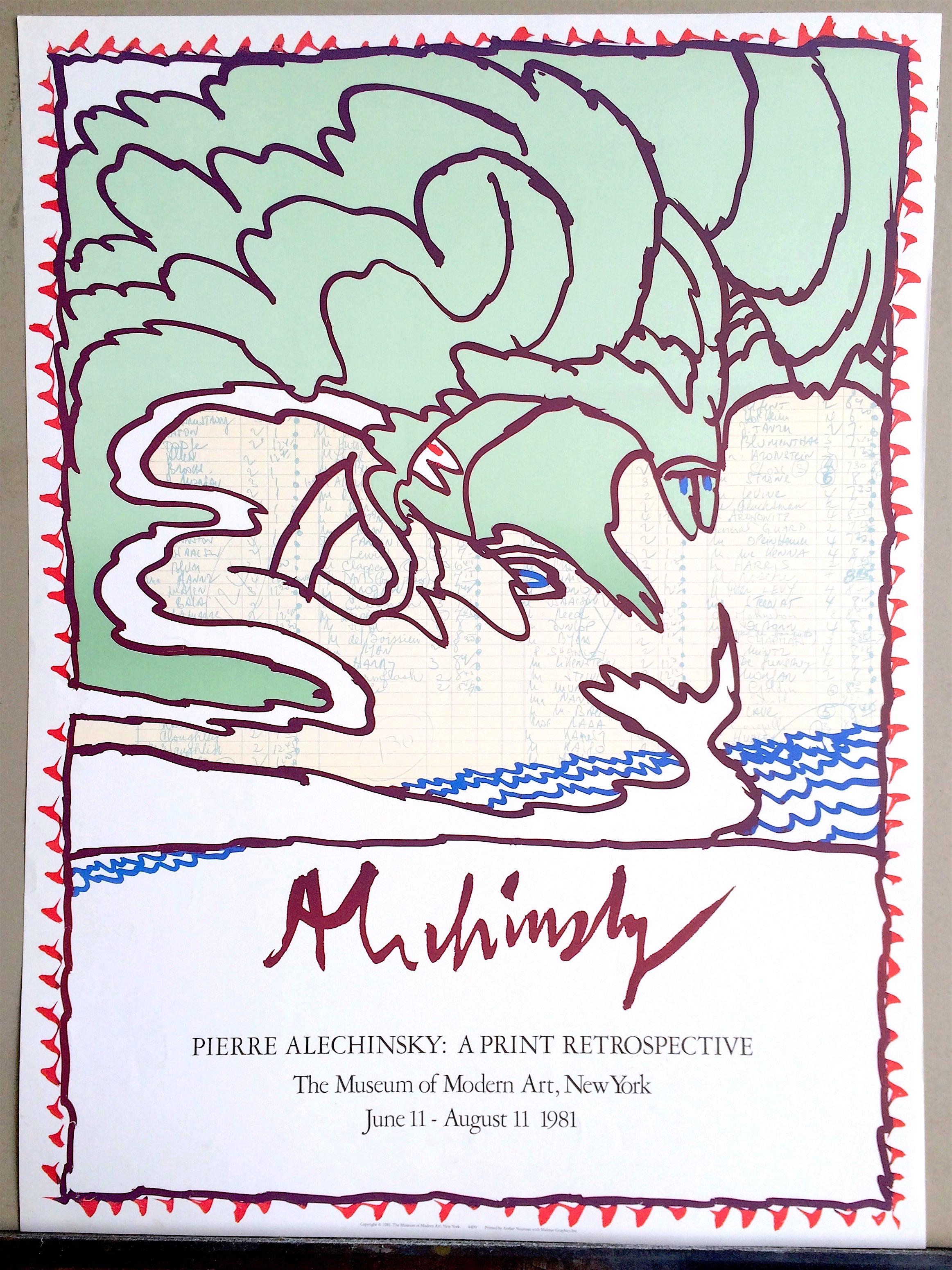 MOMA-Druck Retrospektive 1981 Original-Lithographie-Poster Mintgrün, Blaue Wellen – Print von Pierre Alechinsky