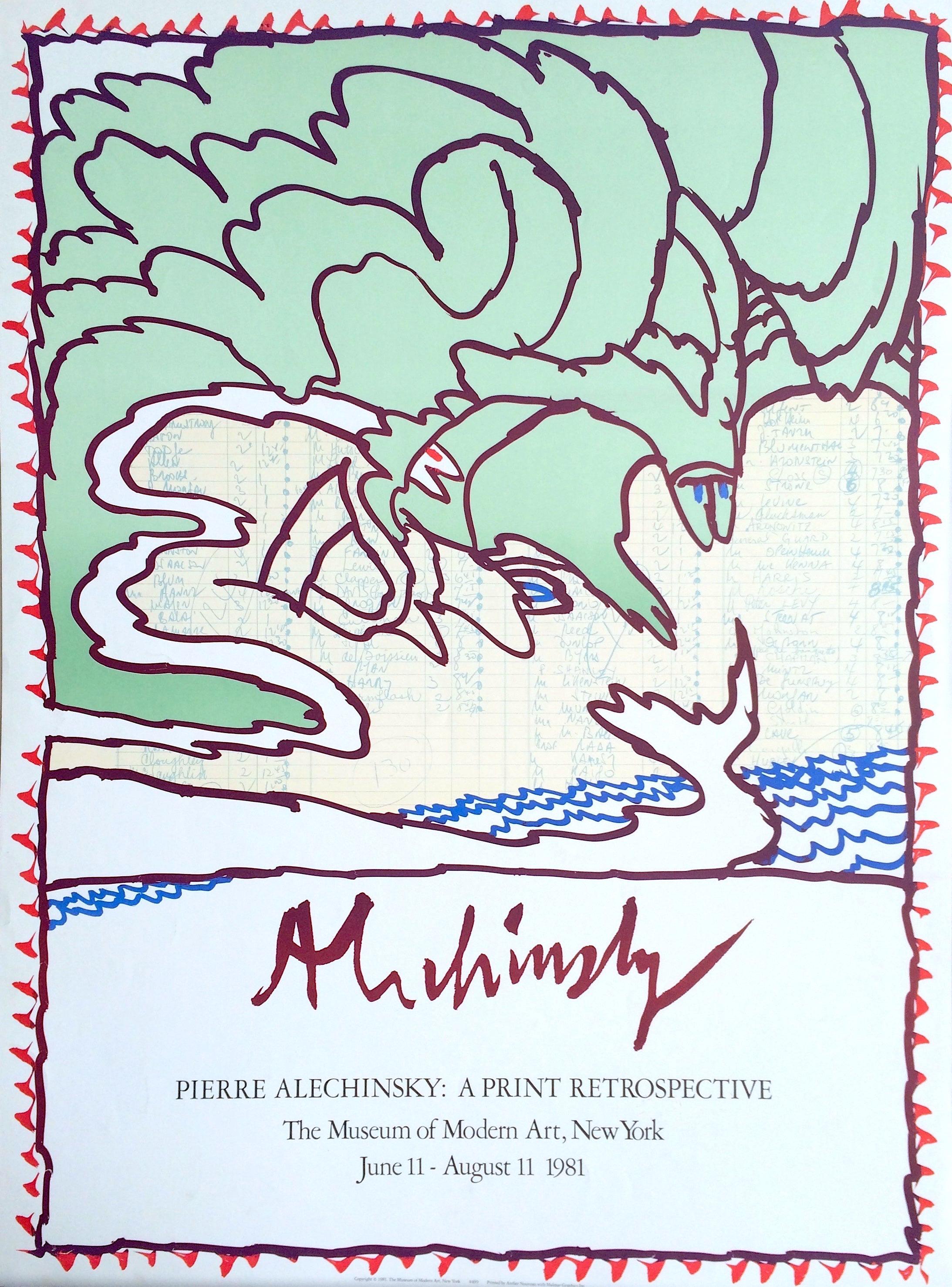 Animal Print Pierre Alechinsky - Affiche rétrospective de l'estampe du MOMA, 1981, lithographie originale vert menthe, vagues bleues