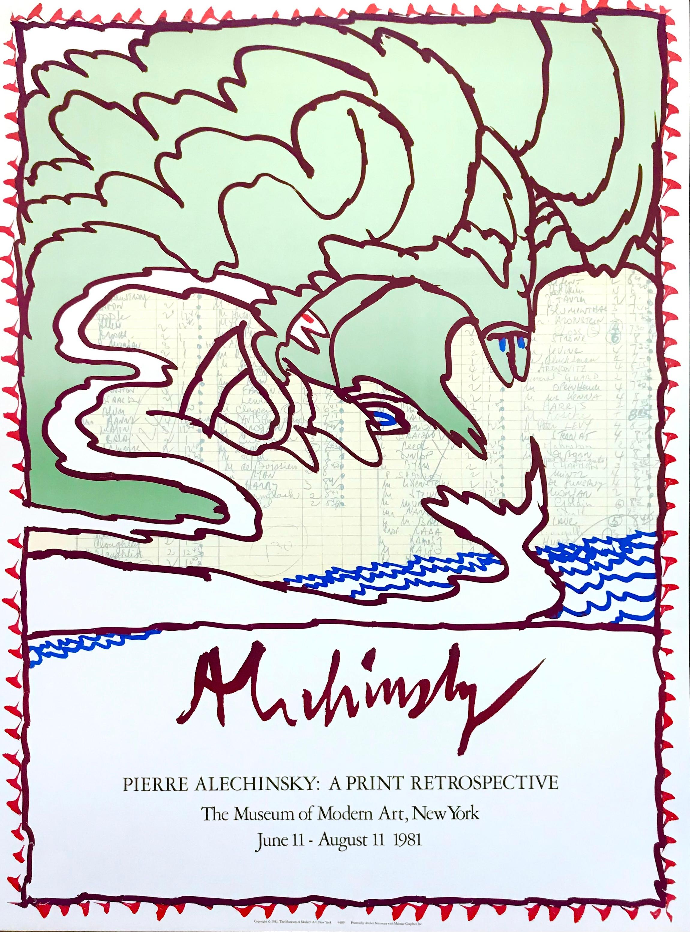 Pierre Alechinsky Animal Print – MOMA-Druck Retrospektive 1981 Vintage-Lithographie-Poster, fliegende Kreationen, Wellen