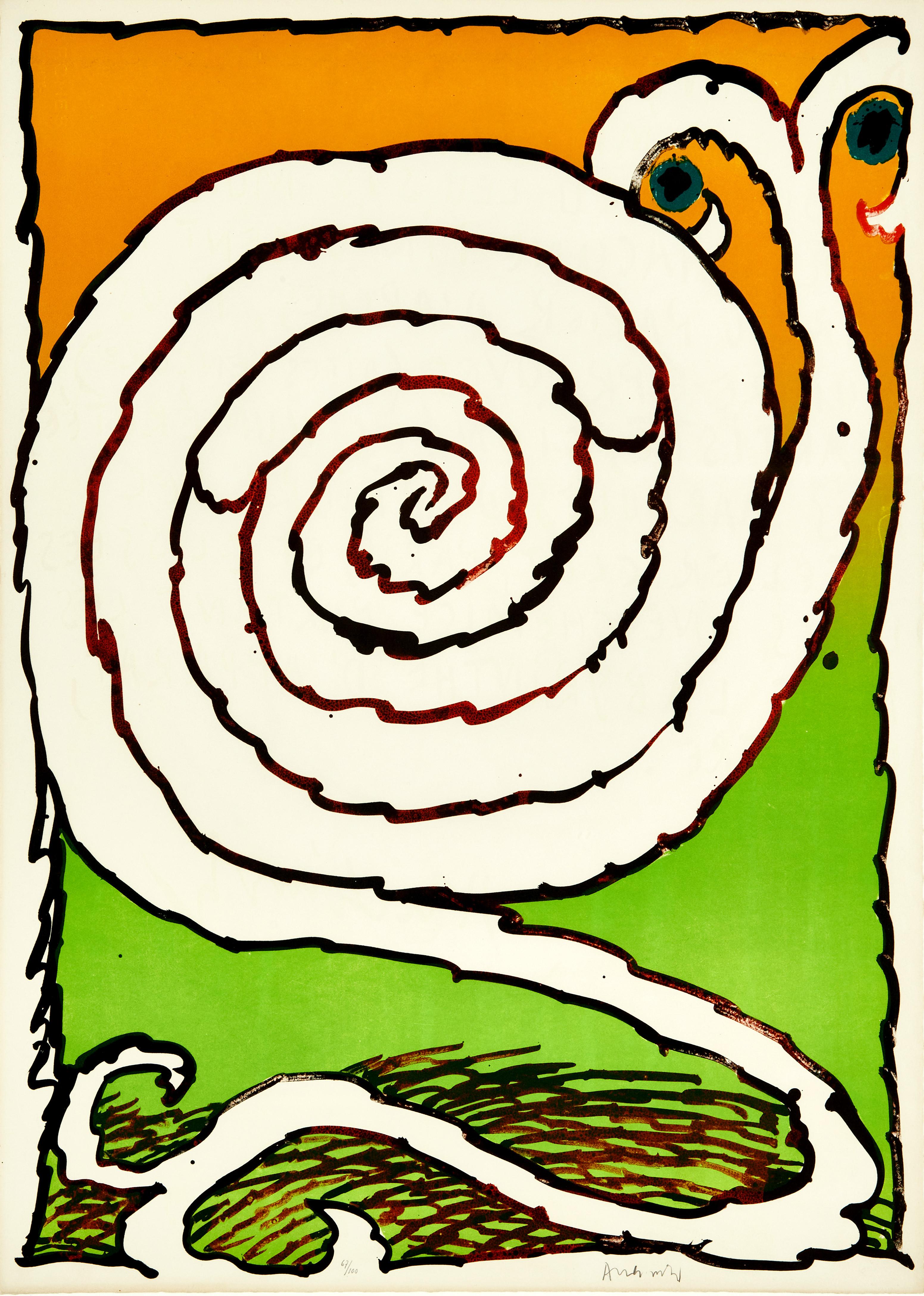 Color lithograph on Arches paper, edited 1973
Limited edition of 100 copies, numbered 67/100 in lower left corner.
Signed in pencil by artist in lower right corner.

Paper size: 79 x 54 cm
Framed size: 82 x 61 cm
Good conditions, slight paper