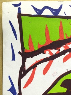 PRÉDATEUR - MAEGHT EDITEUR Lithographie abstraite, vert lime, rouge, jaune, bleu