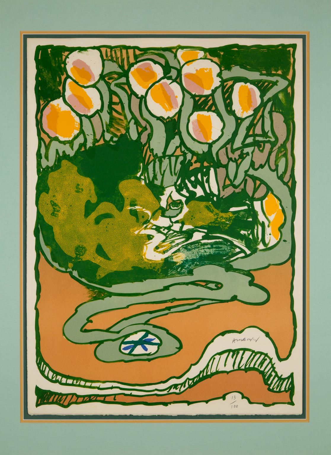 « Untitled Landscape », orange, vert, sérigraphie, signée en bas au recto - Expressionnisme abstrait Print par Pierre Alechinsky
