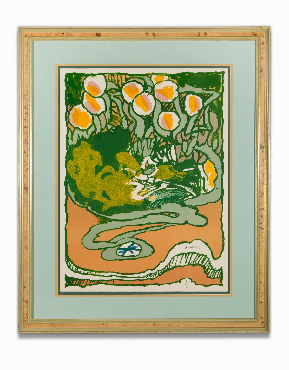"Untitled Landscape" Orange, Green, Serigraph, Signed Lower Front