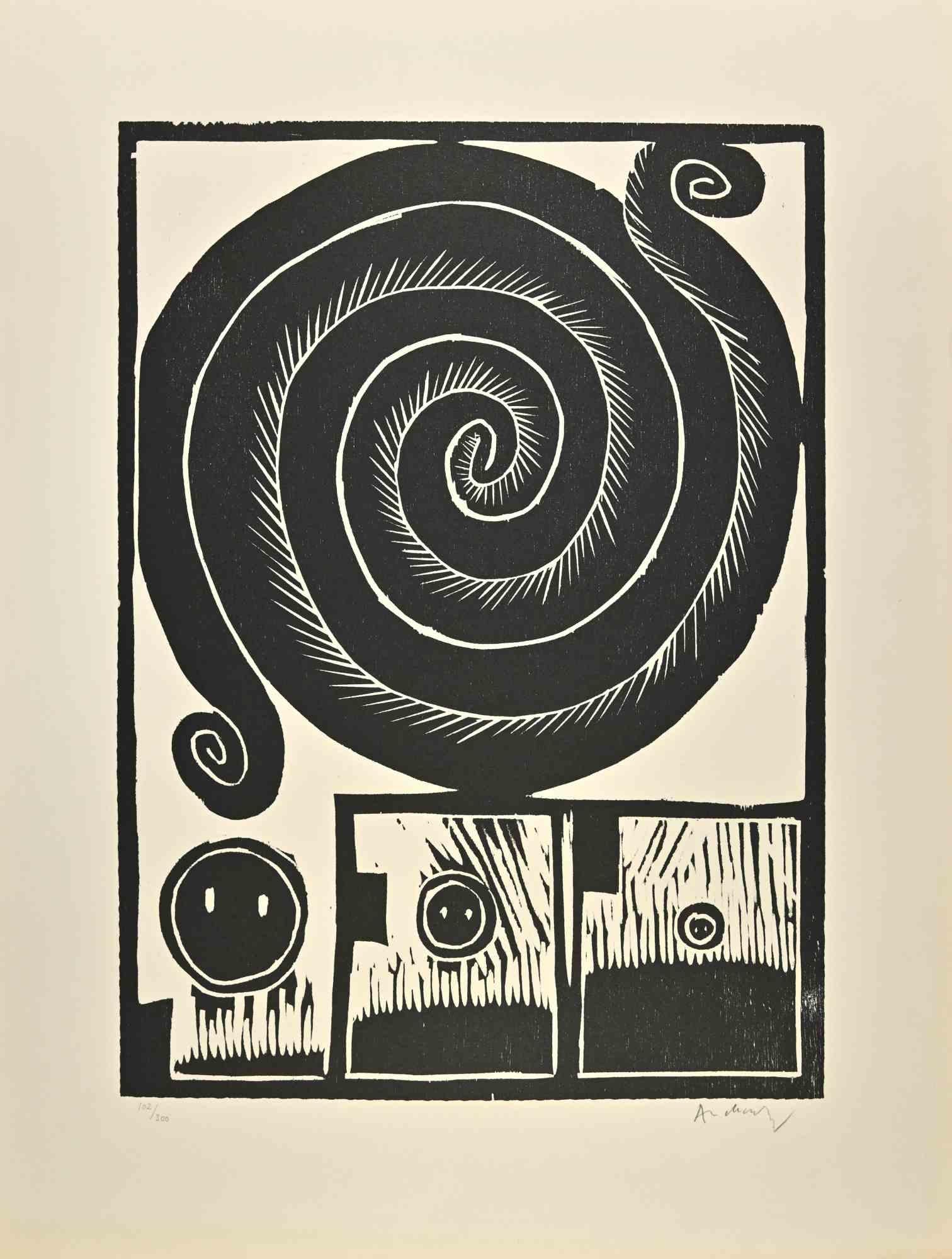 Untitled is an Woodcut print realized by Pierre Alechinsky in 1970.

Hand signed on the right margin and numbered on the left corner es. 102/300

The artwork is depicted through strong strokes in a well-balanced composition.

Good