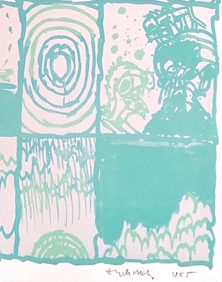 WATER est une lithographie originale dessinée à la main par Pierre Alechinsky en 1985, imprimée à l'aide de techniques de lithographie manuelle sur du papier Arches, 100 % sans acide. WATER est une composition abstraite de peinture au pinceau qui