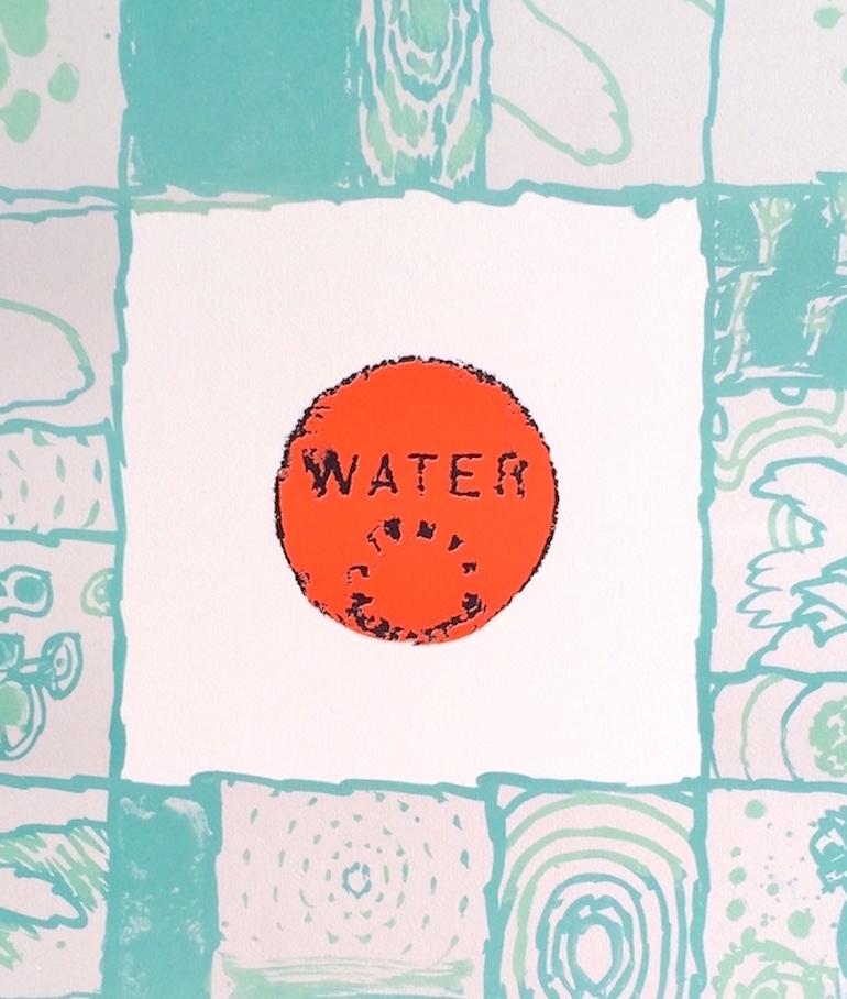 WATER Signed Lithograph, Abstract Chinese Brush Strokes, Manhole Cover, Aqua - Print by Pierre Alechinsky