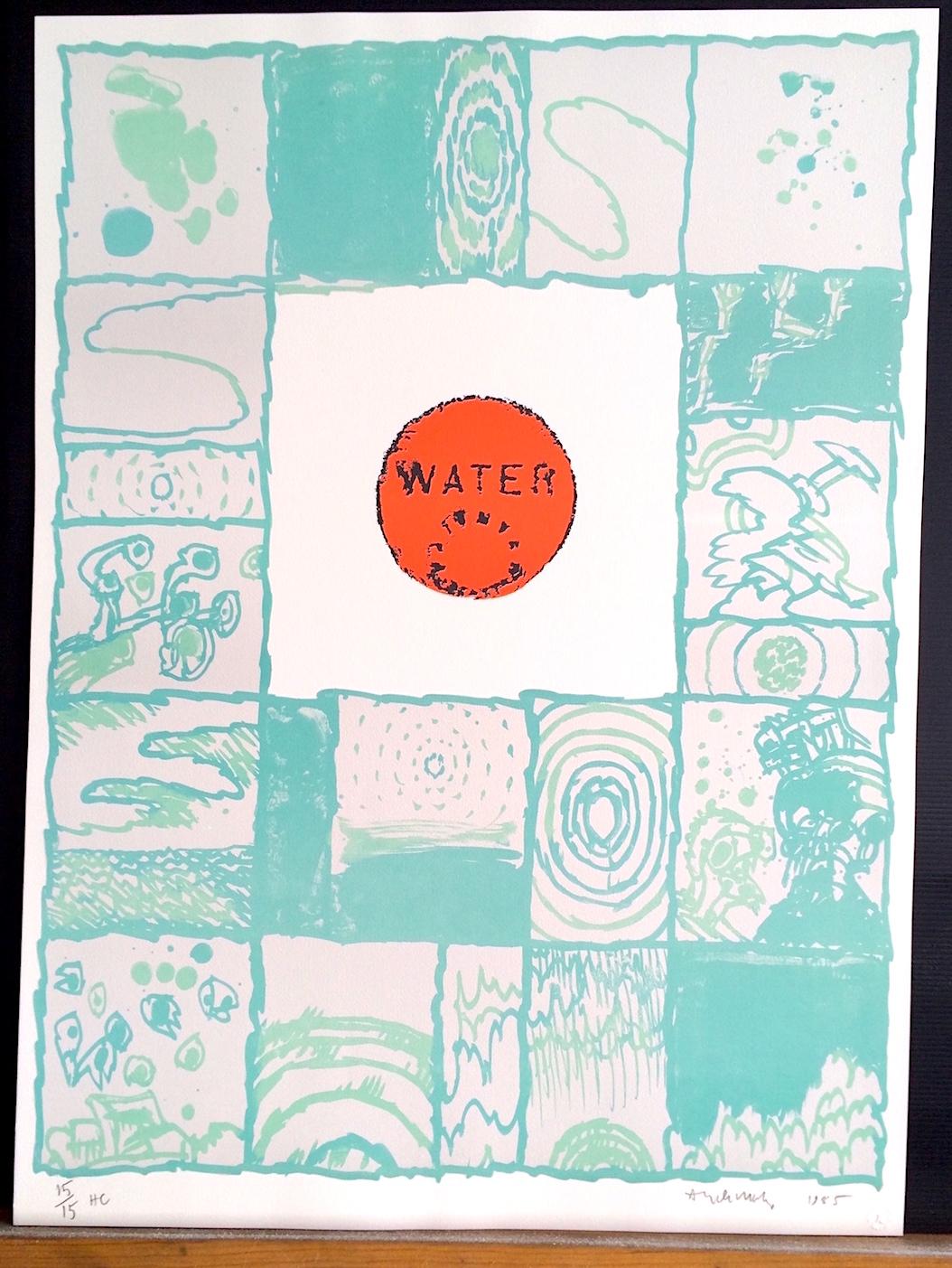 WATER Signed Lithograph, Abstract Chinese Brush Strokes, Manhole Cover, Aqua - Blue Abstract Print by Pierre Alechinsky