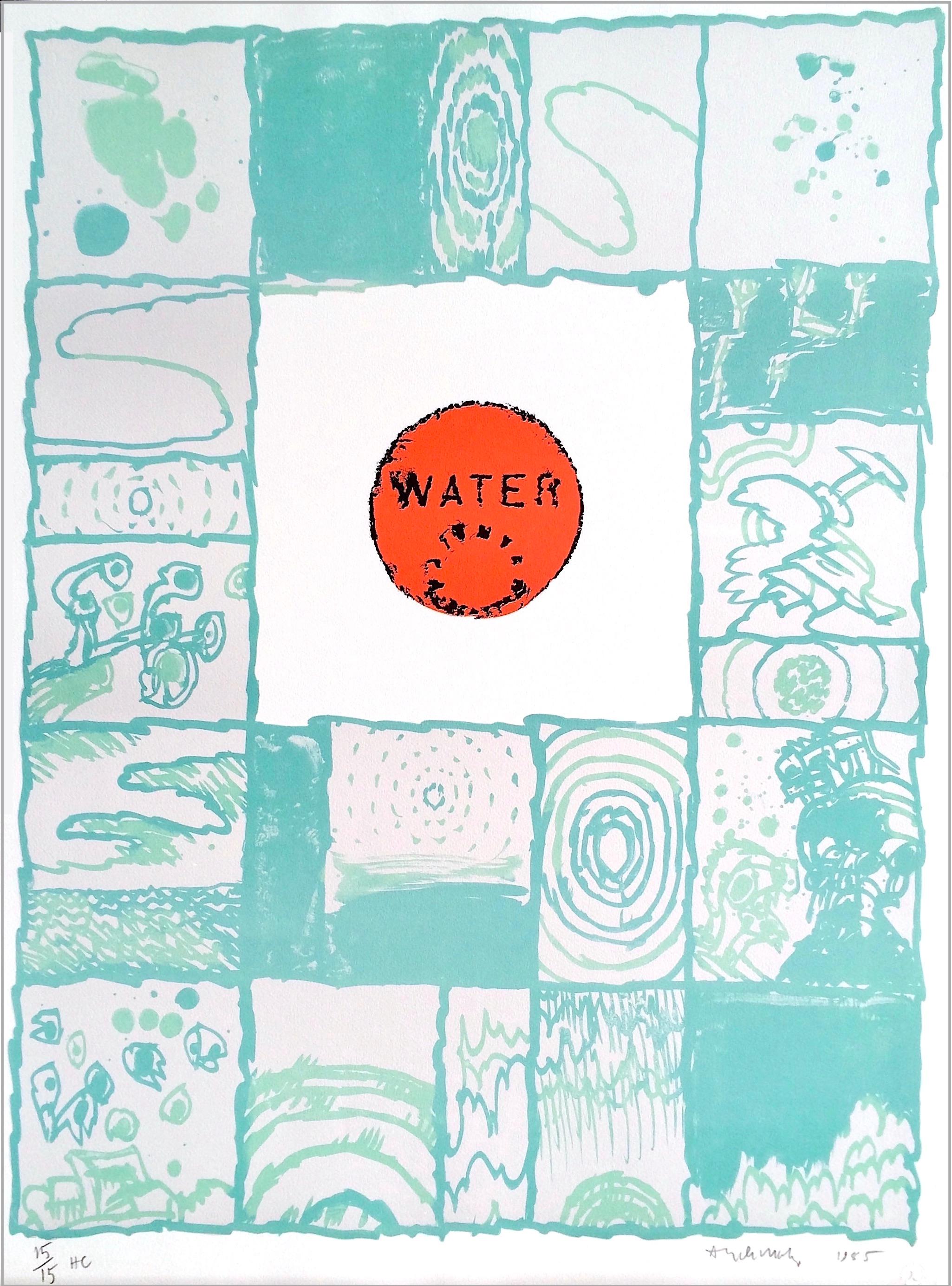 WATER Signierte Lithographie, abstrakte chinesische Pinselstriche, Kaminsims-Deckel, Aqua