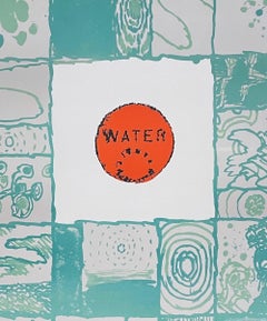 WATER Signed Lithograph, Abstract Utility Man Hole Cover, Aqua, Orange, Beige