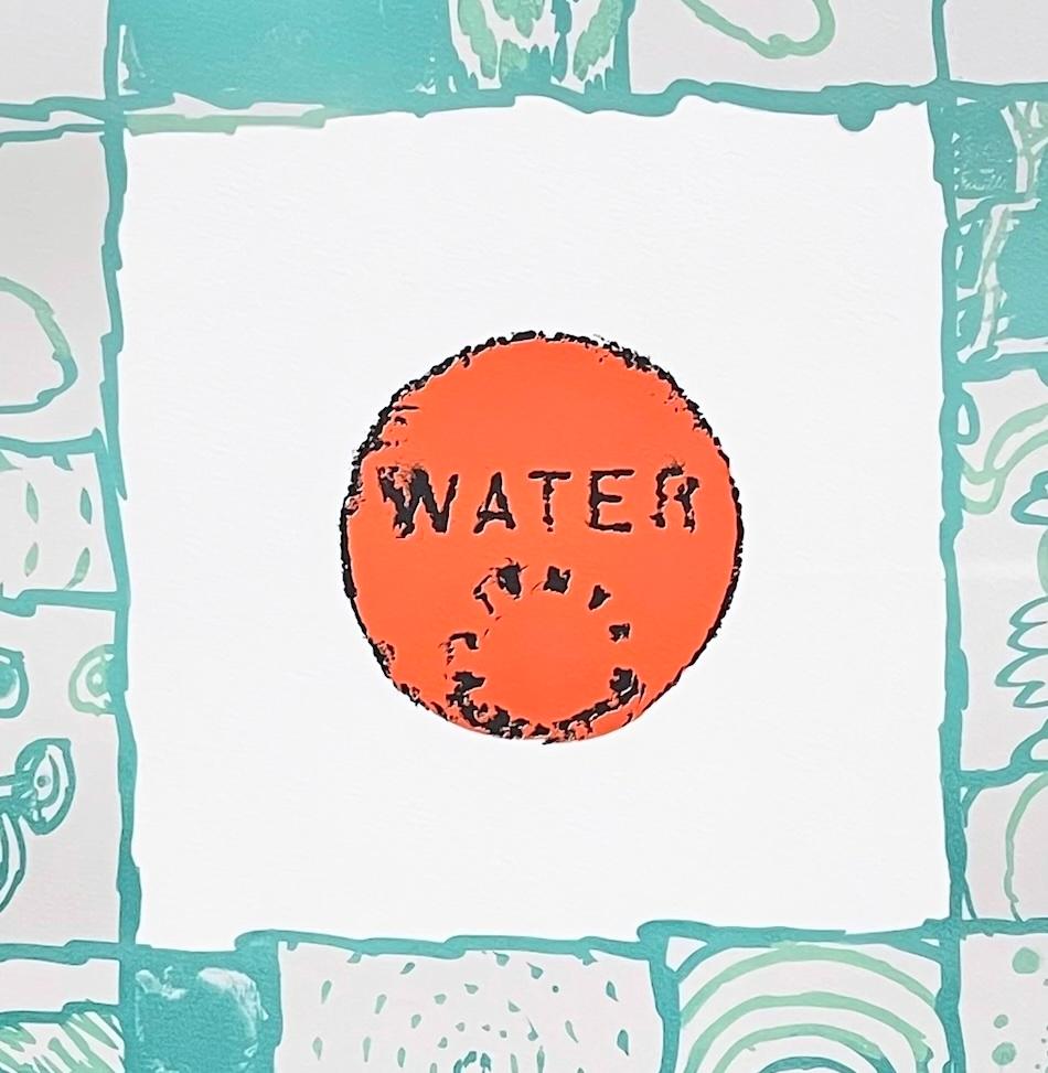 AGUA Litografía Firmada, Diseño Abstracto, Cubierta Utilitaria de Agua, Beige Aqua Claro - Abstract Print Azul de Pierre Alechinsky