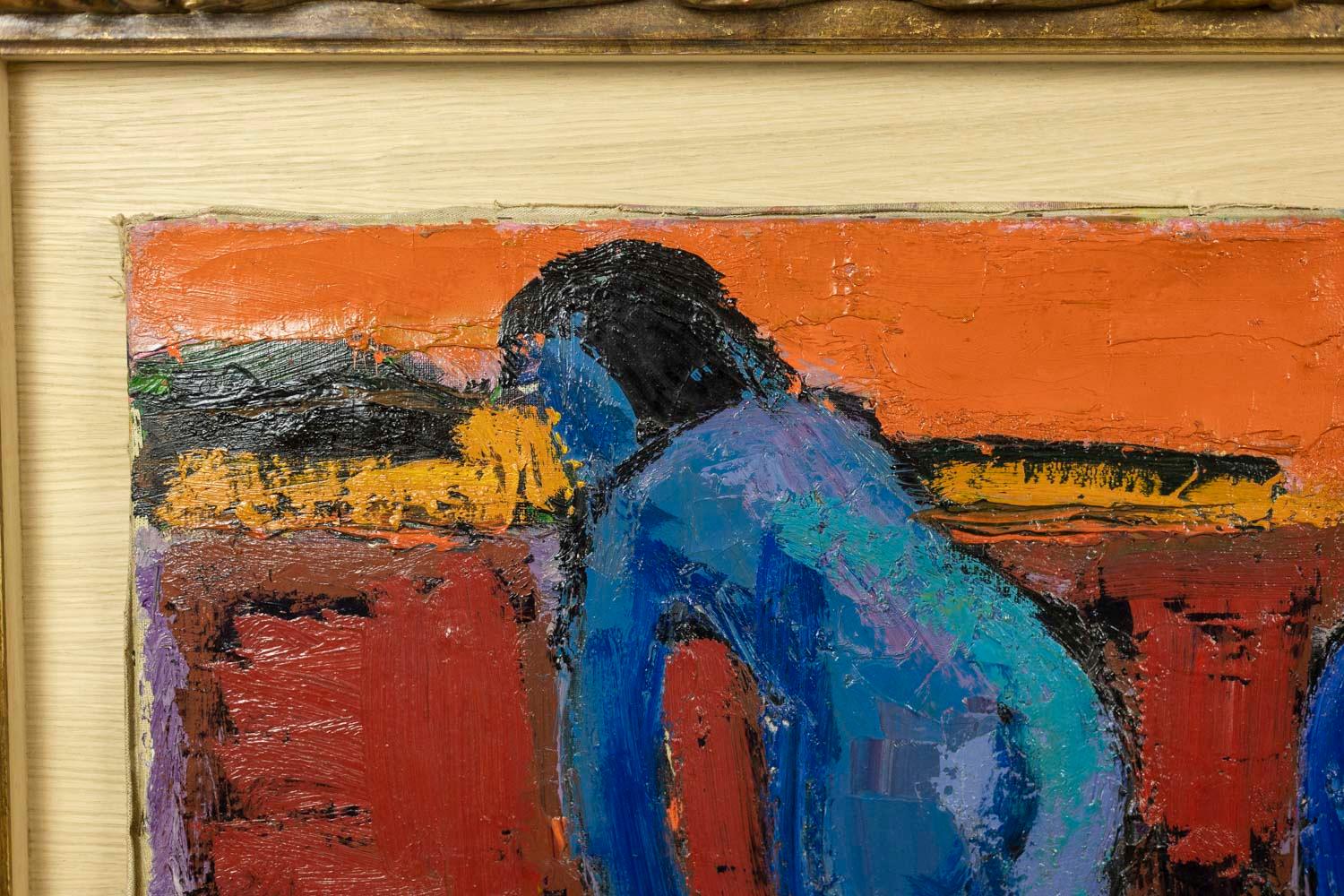 Pierre Ambrogiani, signé.

Huile sur toile représentant trois femmes bleues, sur un fond abstrait, dans son cadre en bois laqué et doré, provenant de la galerie Dina Vierny (a) Gallery.

Travail français réalisé dans les années 1970.

Dimensions : H