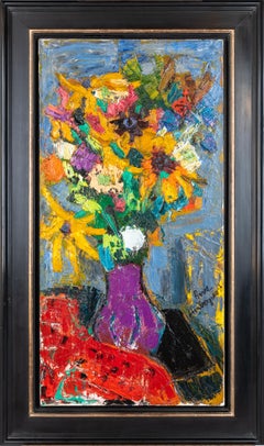 'Bouquet de Fleur' Colourful still life painting of flowers in a vase, red