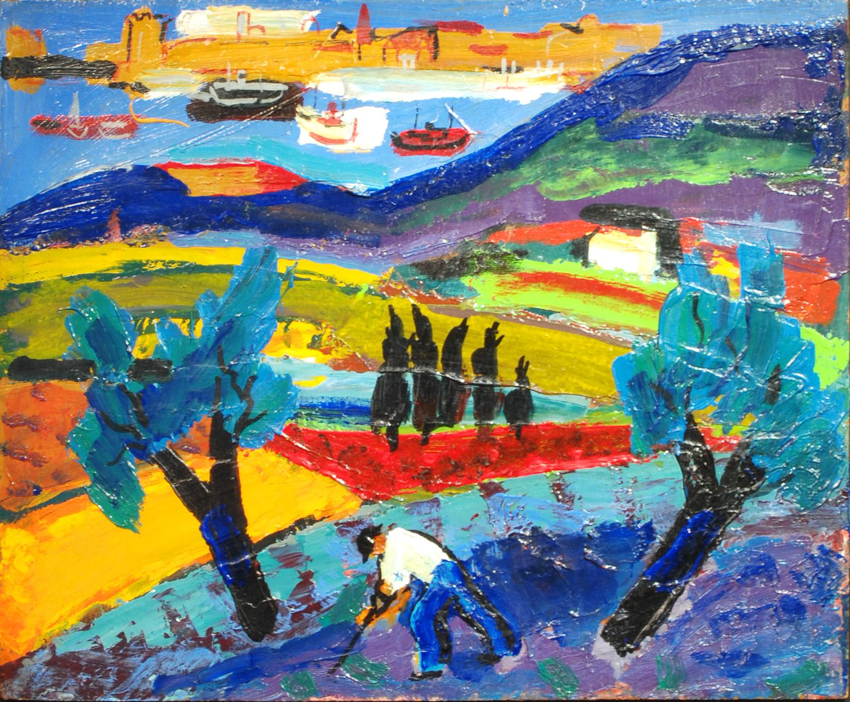 Colourful Abstract French Landscape painting with figure & Olive tree 'Paysage'  - Painting by Pierre Ambrogiani