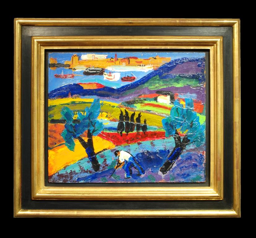 Colourful Abstract French Landscape painting with figure & Olive tree 'Paysage' 