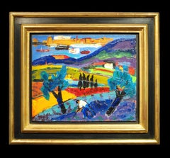 Peinture de paysage abstrait français coloré et coloré avec personnage et olive « Paysage » 