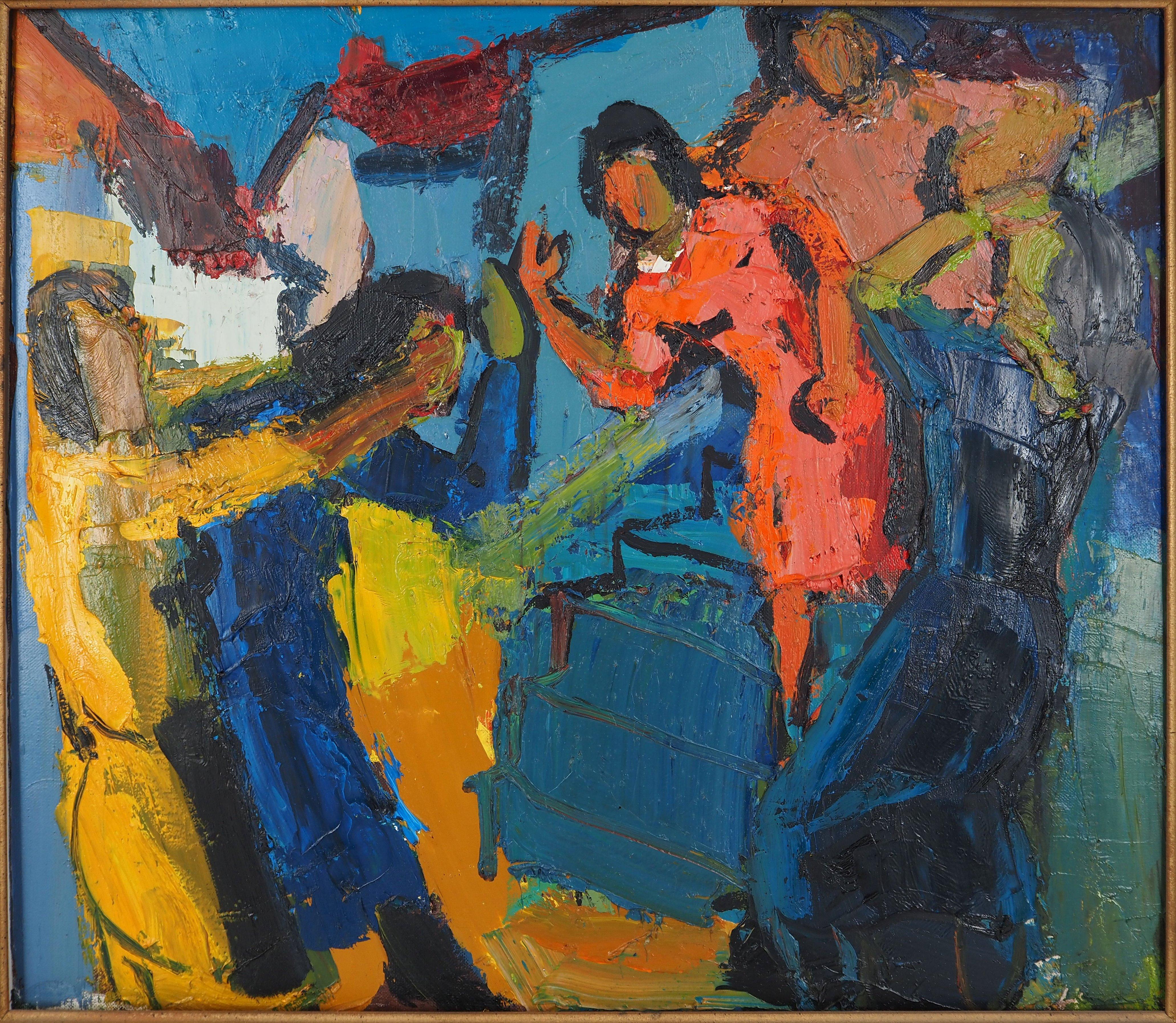 Costa Azzurra: Donne a Marsiglia - Olio originale su tela, firmato e incorniciato - Painting di Pierre Ambrogiani