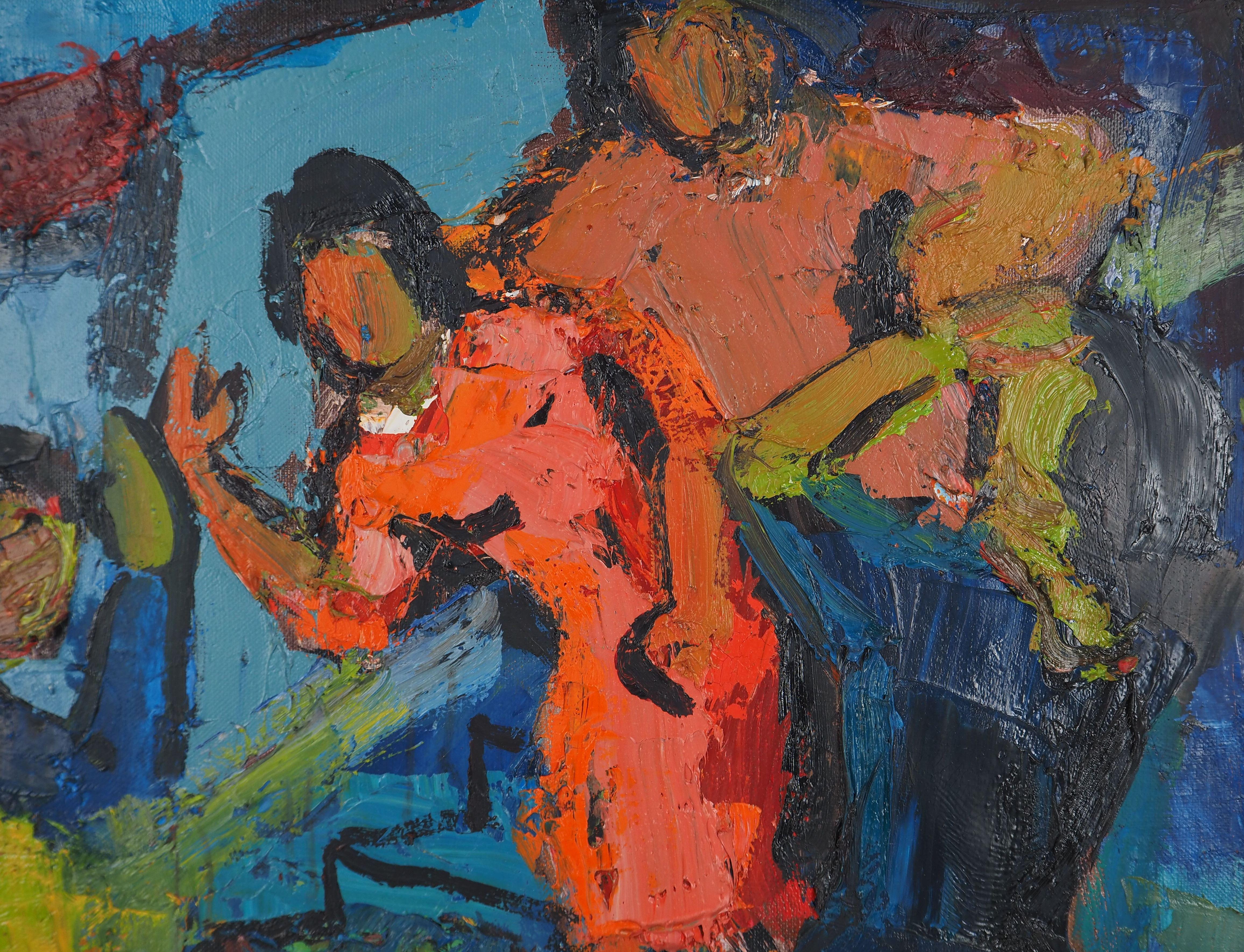 Costa Azzurra: Donne a Marsiglia - Olio originale su tela, firmato e incorniciato - Figurative Painting Marrone di Pierre Ambrogiani