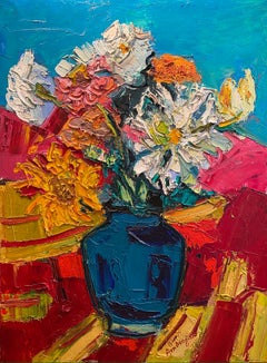 'Le Vase de Fleur' Abstract Still Life of colourful flowers, blue, pinks, reds 