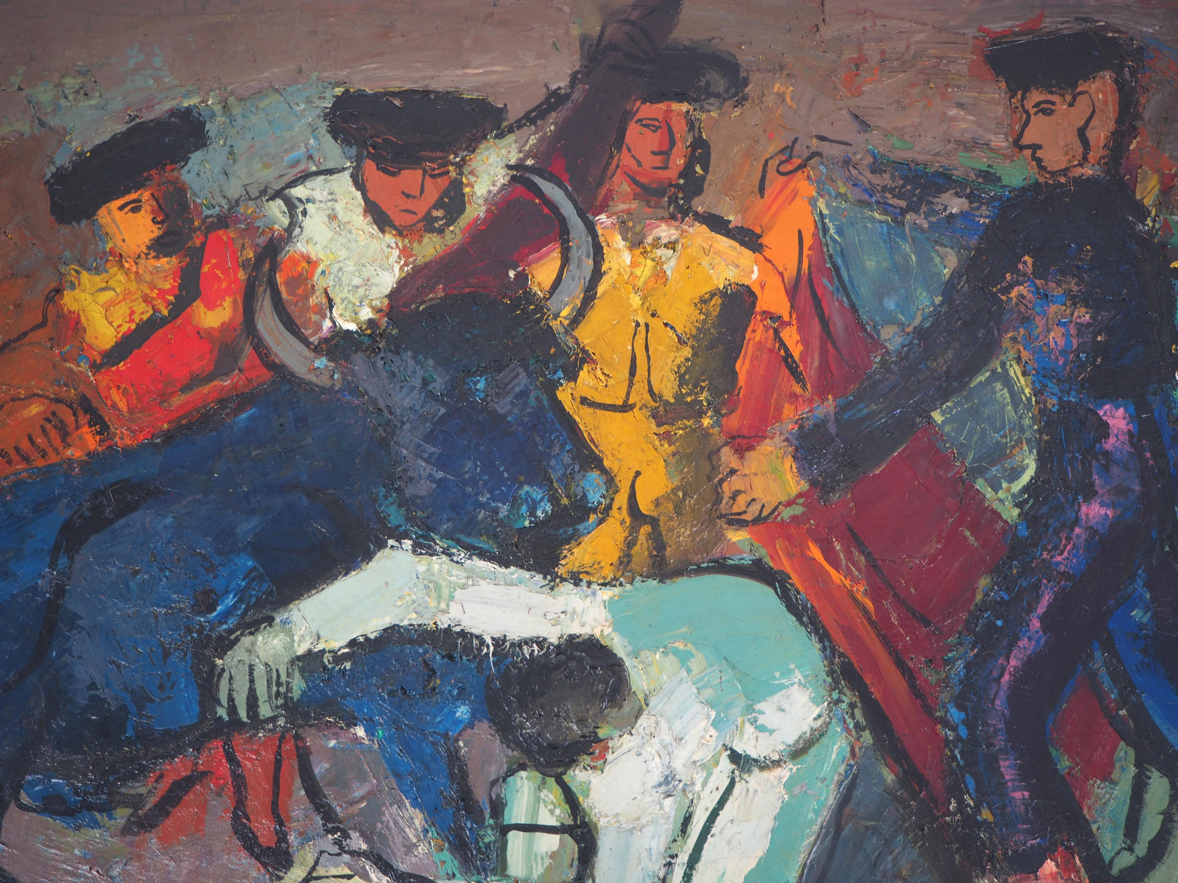 Torero and Bull Entrance - Tall original oil on canvas, Signed and Framed - Fauvist Painting by Pierre Ambrogiani