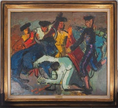 Torero and Bull Entrance - Tall original oil on canvas, Signed and Framed