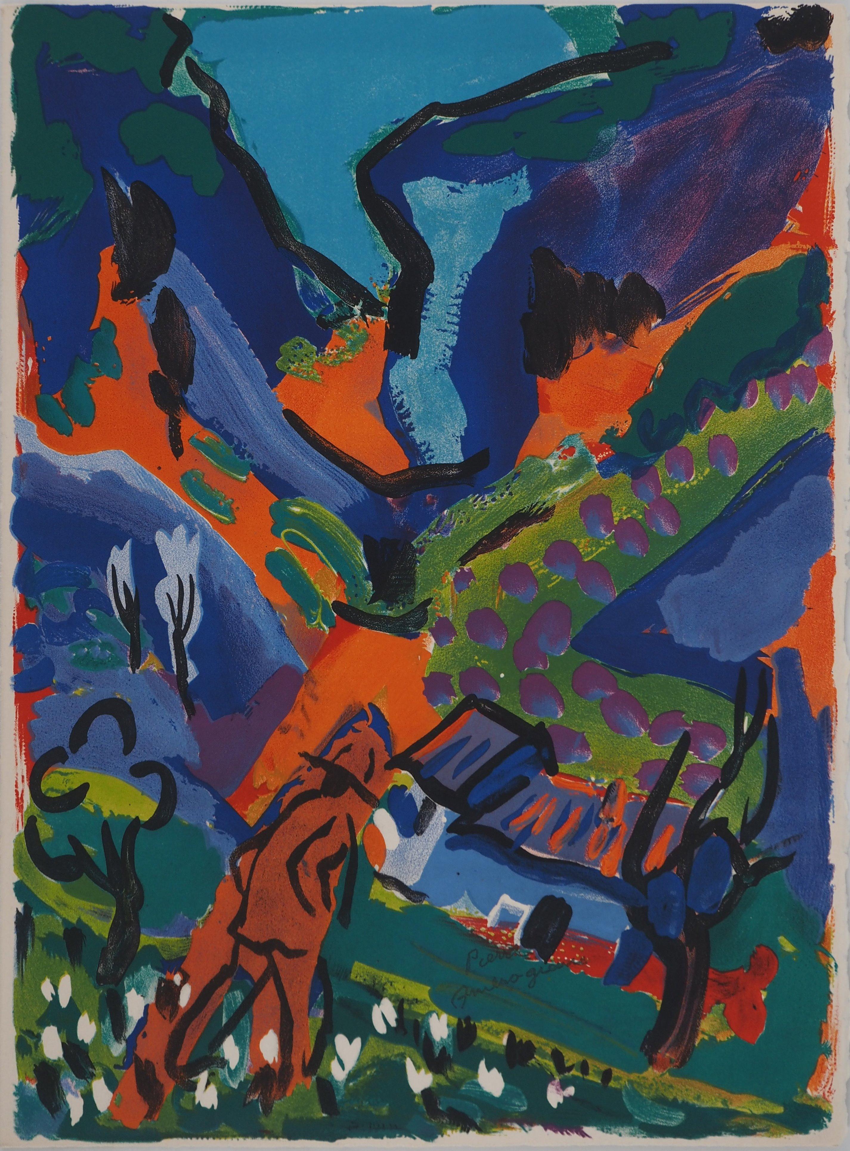 Figurative Print Pierre Ambrogiani - La Côte d'Azur française : Maison entourée de lavande - Lithographie originale